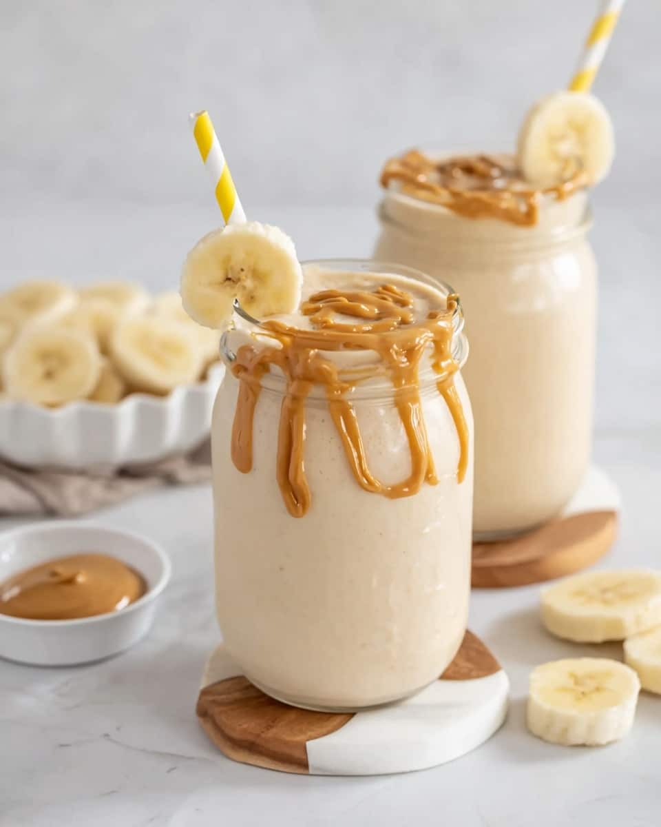 The image shows two clear glass jars filled with a creamy light beige smoothie. Each jar has a thick drizzle of light brown peanut butter on top, some of which drips slightly over the jar edges. A yellow and white striped straw is inserted into the front jar, and a thick slice of banana is placed on the rim, partially pierced by the straw. The jars are sitting on round coasters made of white marble and light wood segments, placed on a white marbled surface. In the background, there is a white scalloped dish with banana slices and a small white bowl with a dollop of peanut butter. The scene is softly lit with a clean, bright atmosphere photo taken with an iphone --ar 4:5 --v 7