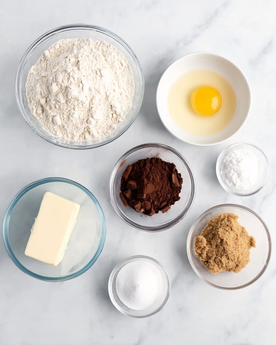 The image shows seven small clear and white bowls placed on a white marbled surface, each holding one baking ingredient. The largest bowl, positioned on the bottom left, is filled with white flour that looks soft and powdery. Above it, a white bowl holds one raw egg with a bright yellow yolk surrounded by clear egg white. To the right, a clear bowl contains dark brown cocoa powder, looking finely ground and rich in color. Next to this, a white rectangular stick of butter rests directly on the surface. Below, a small white bowl is filled with pure white sugar, showing granules softly heaped. Adjacent to this, a clear bowl contains light brown soft brown sugar, looking moist and crumbly. Last, a small white bowl in the bottom left corner holds a small amount of clear vanilla extract. The ingredients are arranged neatly and evenly spaced. photo taken with an iphone --ar 4:5 --v 7