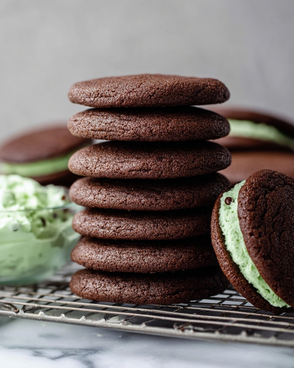 A stack of ten dark brown, round cookies with a slightly rough texture sits on a metal cooling rack over a white marbled surface. Each cookie is thick and uniform in size, neatly piled one on top of another. To the right, there is a close view of a sandwich cookie showing two dark brown cookies with a green creamy middle layer containing small chocolate bits. In the background to the left, there is a clear bowl with more of the green cream visible, slightly blurred. The overall color contrast highlights the deep brown of the cookies and the light green of the cream. photo taken with an iphone --ar 4:5 --v 7