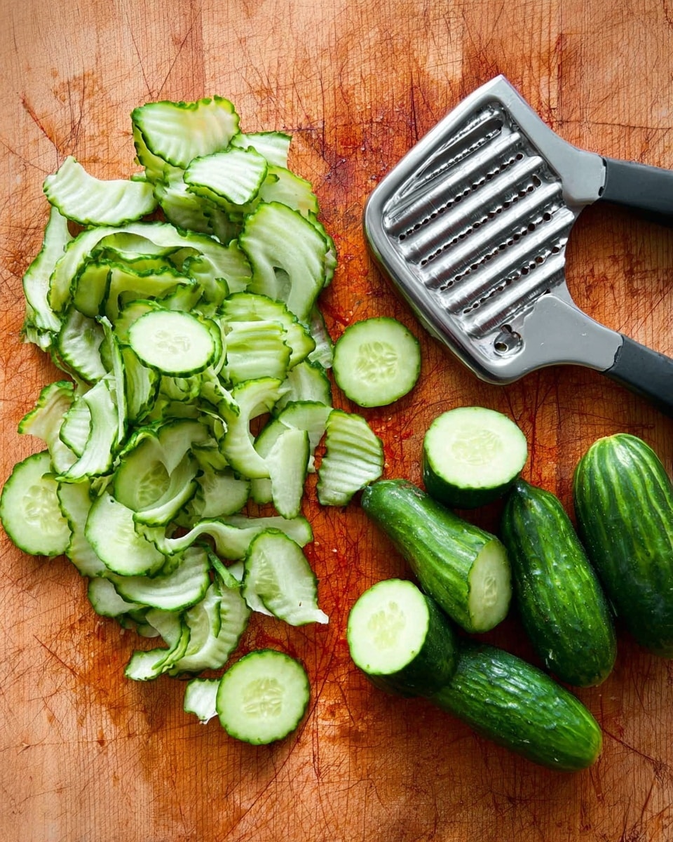 The image shows a wooden cutting board with several fresh cucumbers laid out on the right side, some whole and some partially sliced. On the left side, there are many thin, crinkle-cut cucumber slices scattered around. In the center, there is a metal crinkle cutter with a black handle, used to make the wavy cucumber slices. The cutting board has a warm brown color and visible knife marks, and the cucumbers are a mix of dark and light green shades with a shiny texture. The scene is bright and clear, showing the freshness of the cucumbers. Photo taken with an iphone --ar 4:5 --v 7