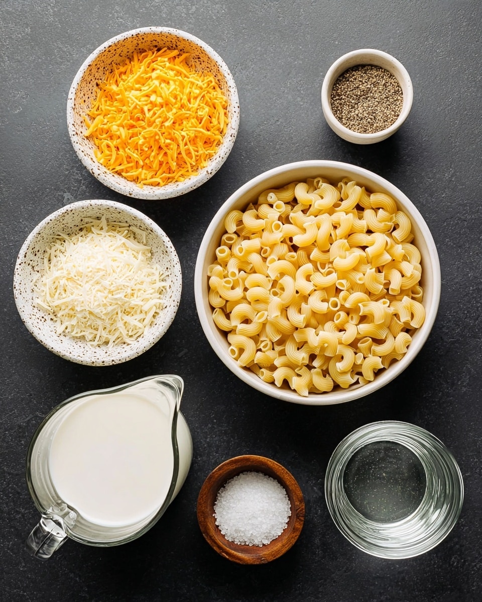 A top view of seven bowls and containers on a white marbled surface, each holding different ingredients for cooking. The largest bowl in the center contains uncooked elbow pasta, light yellow and curved. To its left, a white bowl is filled with bright orange shredded cheese, and above it is a speckled bowl with white grated cheese. Below the white grated cheese bowl is a clear glass pitcher filled with white creamy liquid, likely milk or cream. To the right of the pasta bowl, there are two small round bowls, one white marbled with coarse white salt, and the other wooden with dark crushed pepper. On the bottom right, there is a clear glass jar with water. The textures range from smooth liquid to rough grated cheese, all arranged neatly with soft light shining evenly. Photo taken with an iphone --ar 4:5 --v 7