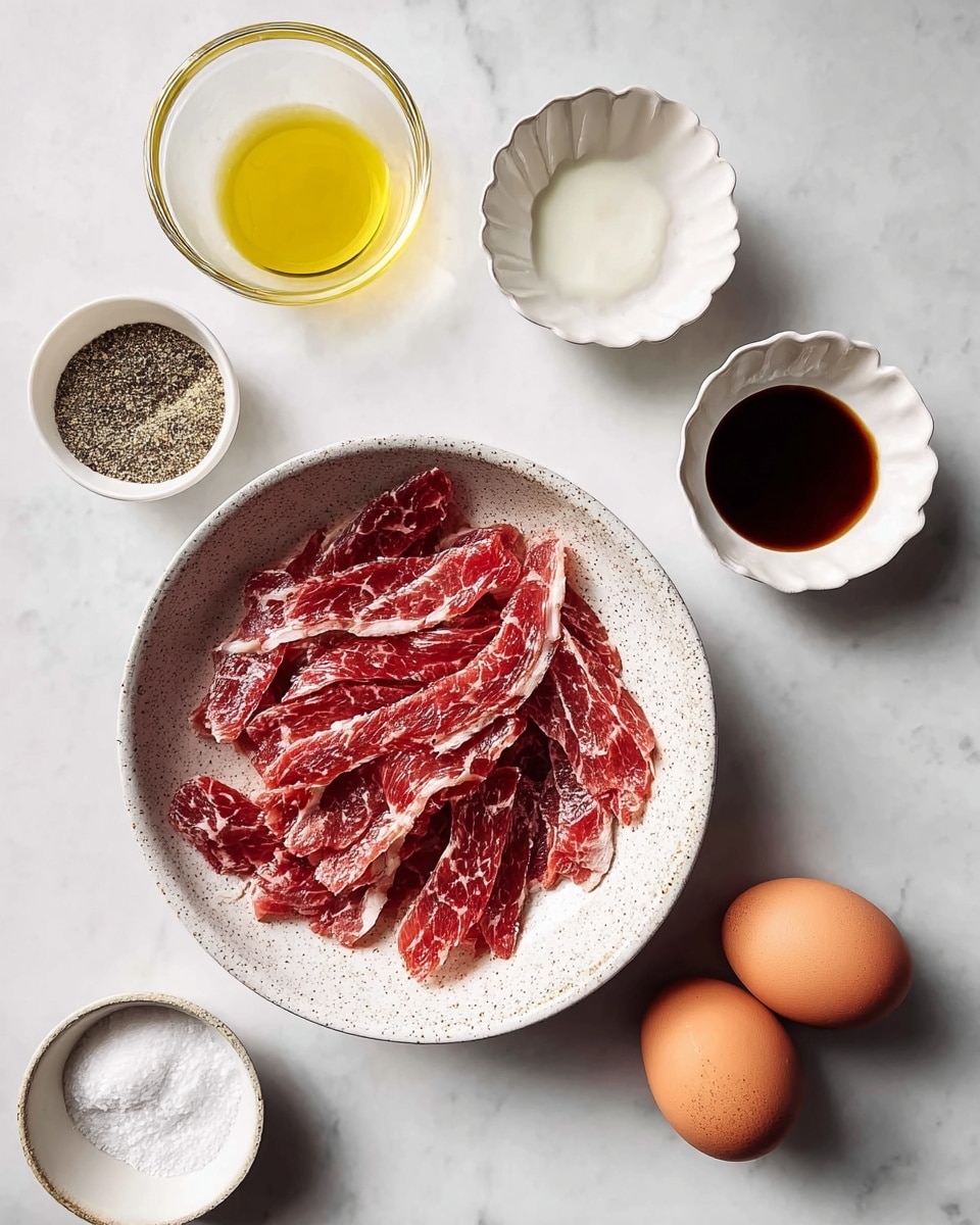The image shows a white speckled bowl in the center filled with many thin strips of marbled red raw meat layered loosely. Around the bowl are five small white dishes: at the top left, a clear glass bowl with yellow oil, next to it on the right, a white dish with dark brown soy sauce, and at the far right top, a white fluted dish holding two brown eggs. At the bottom left, a white bowl of white powder, and next to it a smaller white dish half filled with coarse black pepper and salt. All items sit on a white marbled surface. Photo taken with an iphone --ar 4:5 --v 7