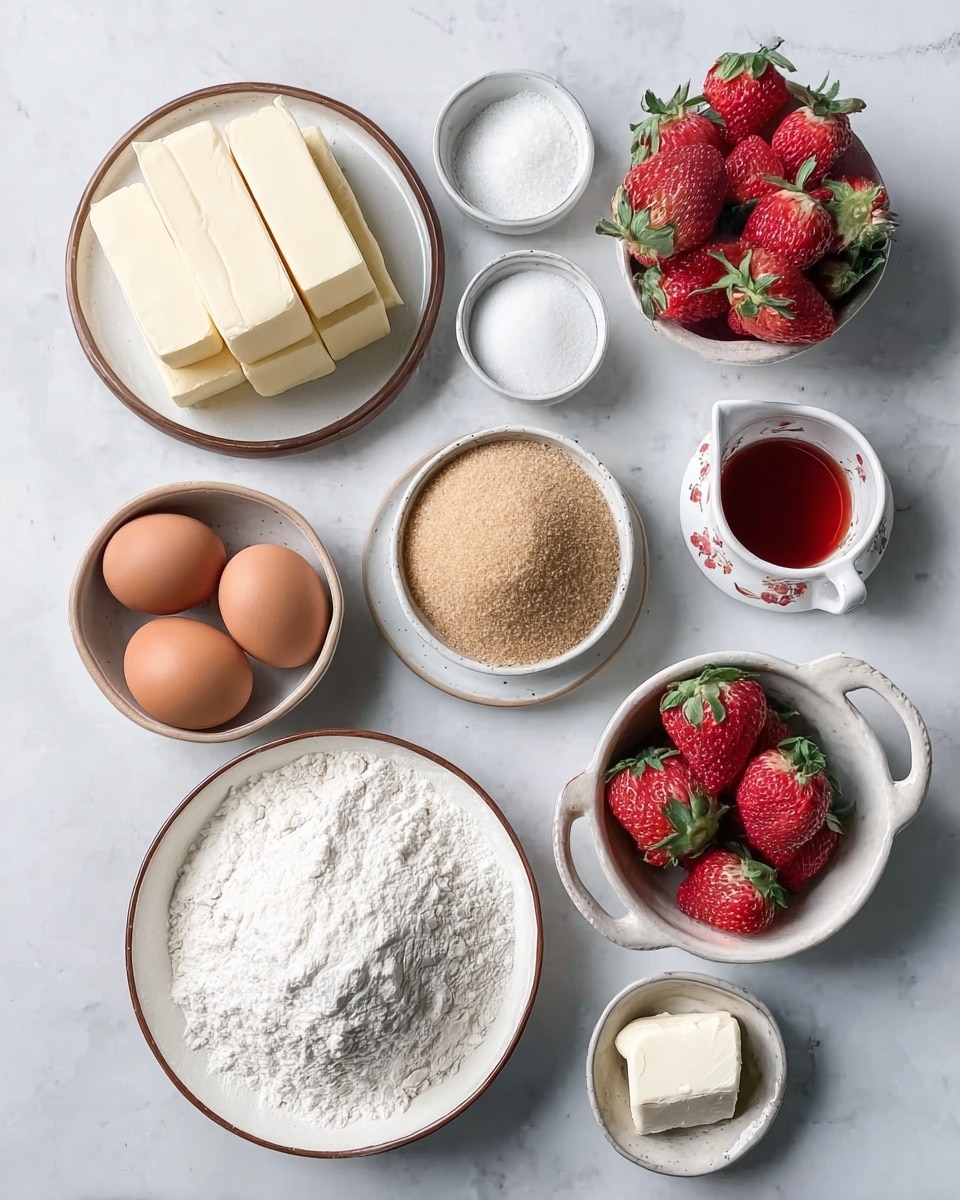 A white marbled surface holds a neat arrangement of baking ingredients, each in its own white bowl or plate. In the center is a white plate with a brown rim stacked with four pale yellow blocks of butter. Below it, a white plate with brown edges is filled with white flour, looking soft and powdery. To the left, a white bowl holds fine white granulated sugar, and next to it sit two brown eggs. To the right of the flour, a white bowl contains light brown sugar, soft and crumbly in texture. Above the butter plate, two small white bowls hold white salt and baking soda respectively, and a third small white bowl with a simple floral pattern contains a red liquid, likely vanilla or syrup. On the top right, a white bowl with handles is full of bright red strawberries with green leaves. At the bottom right corner, a tiny white dish holds a white granular powder, possibly salt. Photo taken with an iphone --ar 4:5 --v 7
