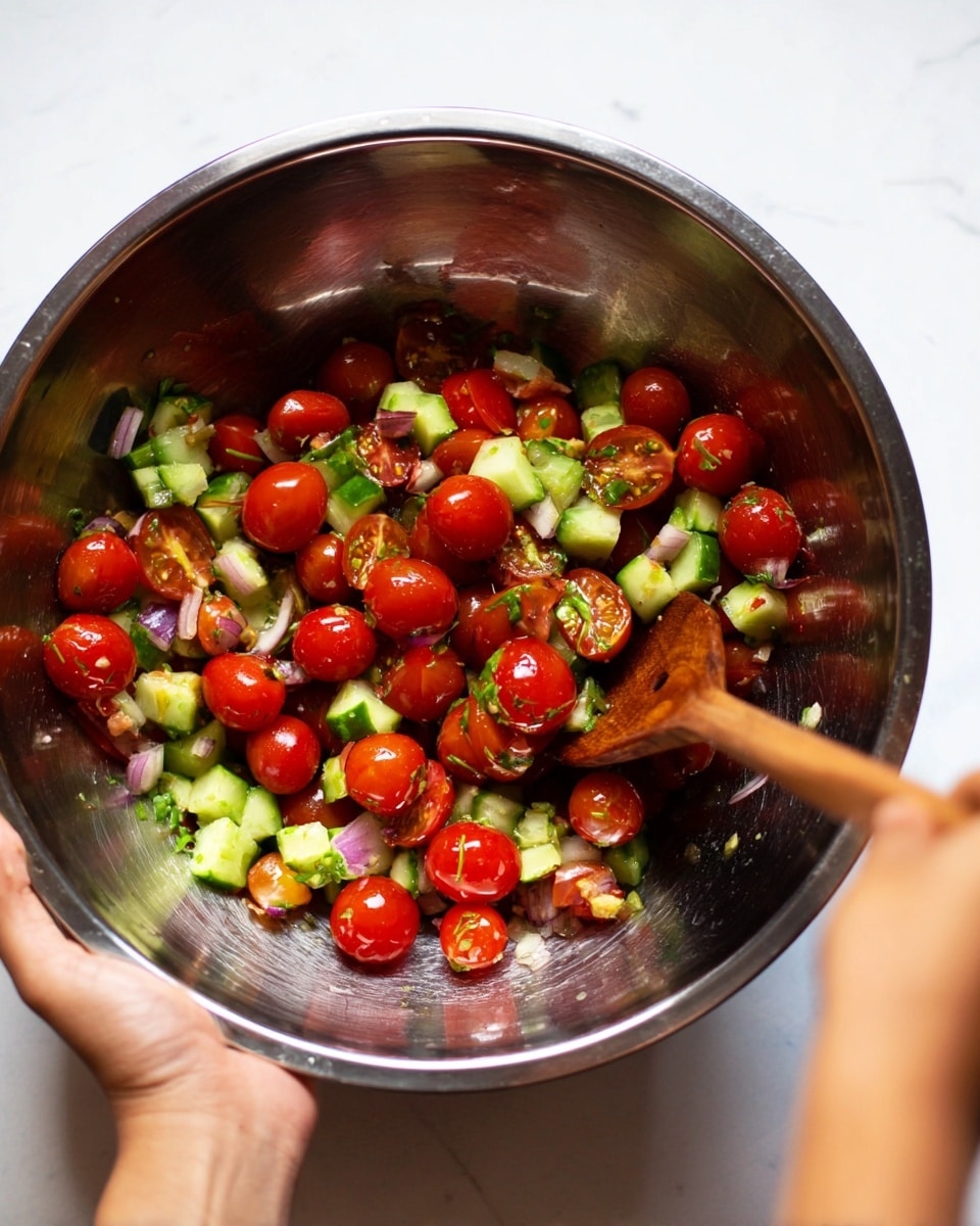 A large shiny metal bowl filled with a fresh mix of small bright red cherry tomatoes cut in halves and small green cucumber pieces with skin, along with tiny bits of purple onion scattered throughout. A woman's hand holds the bowl from below, while another woman's hand stirs the salad gently with a wooden spoon, visible on the right side. The background shows a white marbled surface. photo taken with an iphone --ar 4:5 --v 7