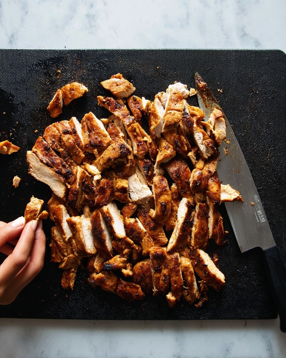 The image shows a black cutting board with many pieces of cooked chicken arranged in the center. The chicken is sliced into thin, mostly rectangular strips with a brown crispy outer layer and a light inner flesh. On the right side of the chicken pieces lies a large, sharp metal knife with a long blade resting flat on the board. At the bottom left corner, a woman's hand is picking up a small piece of chicken. The cutting board is placed on a white marbled surface. The overall look is close-up, highlighting the texture and cooked color of the chicken photo taken with an iphone --ar 4:5 --v 7