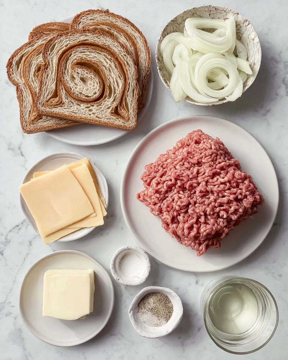 The image shows ingredients neatly arranged on a white marbled surface. In the center, there is a stack of raw ground meat on a white plate. To the left, two slices of brown and light brown swirl bread sit on a white plate. Below the bread, slices of pale yellow cheese are partially overlapping. At the bottom center, a small white plate holds a square of butter. To the right of the meat, a small white bowl contains sliced white onions, and above it, a clear small bowl is filled with a white creamy sauce. Next to the onions, a small white bowl holds salt and pepper. Further to the bottom right, a clear glass cup contains a clear liquid. photo taken with an iphone --ar 4:5 --v 7