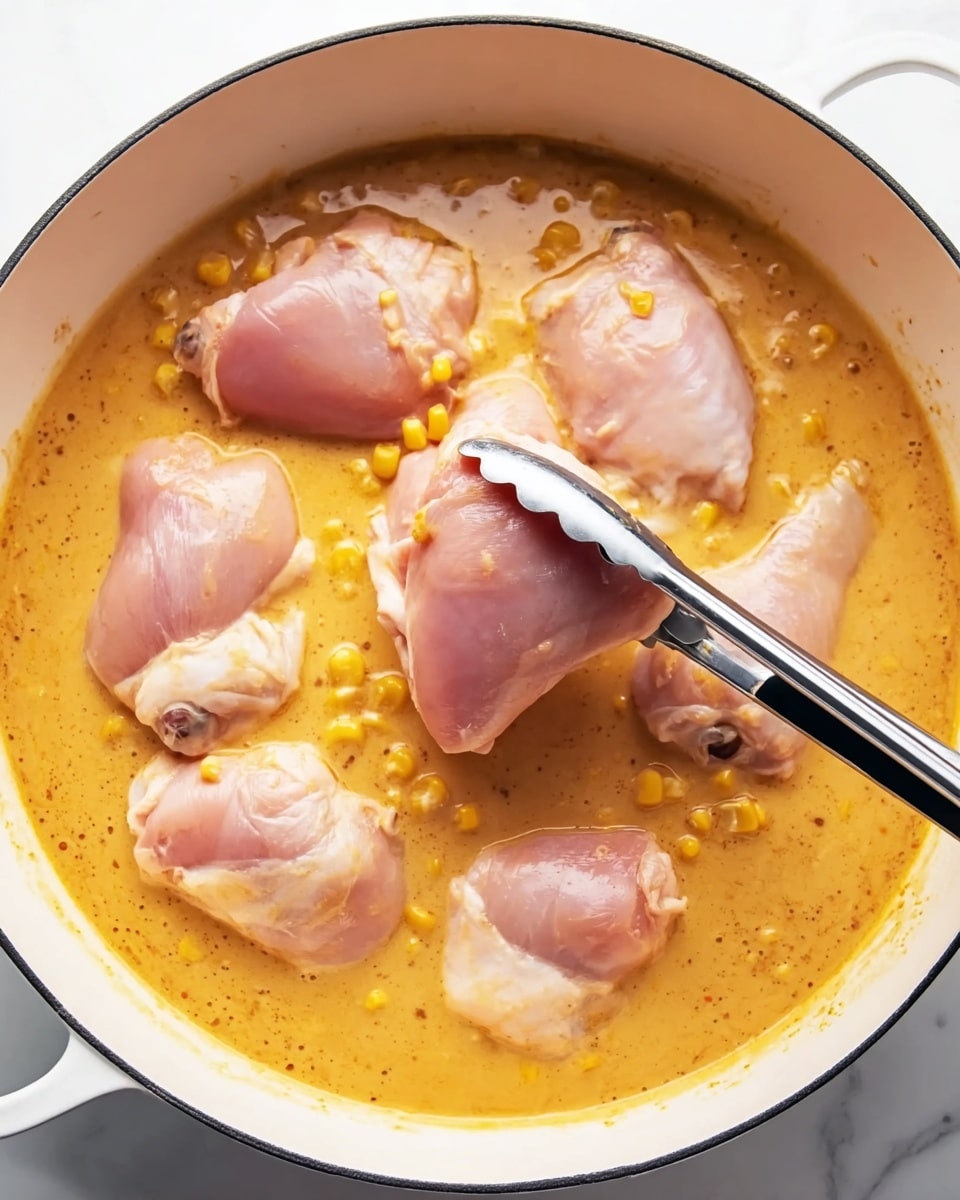 A white deep round pot filled with a light orange creamy soup base, this layer is smooth with small bits of corn visible. Floating on top are seven pieces of raw pink chicken thighs, with glossy, moist texture. A pair of black and silver tongs holds one piece of chicken slightly lifted above the soup, showing its full plump shape. The pot rim is visible, and the pot is set on a white marbled surface. Photo taken with an iphone --ar 4:5 --v 7