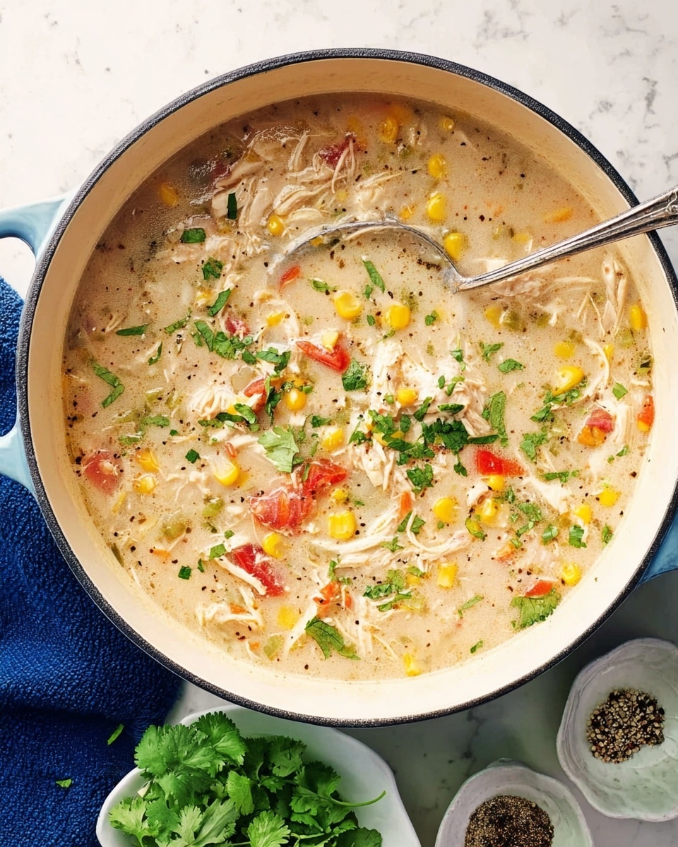 The image shows a white pot filled with creamy soup made with shredded white chicken, yellow corn kernels, small red tomato pieces, and light green herbs sprinkled on top. The soup has a slightly thick, light beige broth with visible bits of black pepper and green herbs throughout. A silver ladle rests inside the pot, partially submerged in the soup. The pot sits on a white marbled surface with a blue cloth partially visible at the bottom left. Near the pot are a few small white dishes; one has fresh green cilantro leaves and another dish with some black pepper mix. Photo taken with an iphone --ar 4:5 --v 7