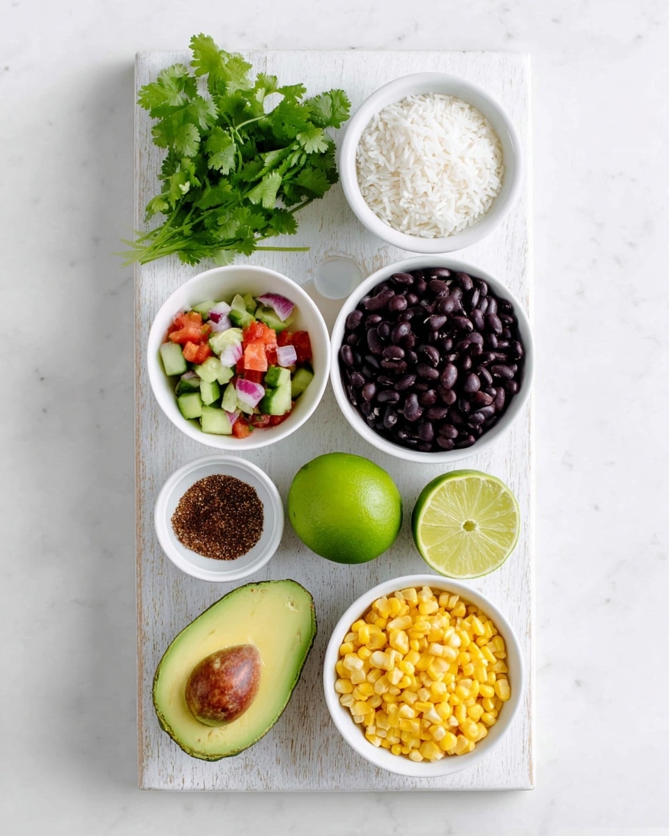 A white marble rectangular board holds several small white bowls and food items arranged neatly. Starting from the top left, fresh green cilantro leaves rest directly on the board, followed by a bowl filled with white rice grains. Below, there is a bowl filled with shiny black beans, next to a halved green lime showing its juicy inner segments. Beside the lime halves, a small bowl contains a mixture of chopped tomatoes, cucumbers, and onions, creating a colorful salad mix. Toward the bottom left sits a half avocado revealing its smooth green flesh and seed cavity. Next to it is a smaller bowl with a dark brown spice blend, and finally, a bowl filled with bright yellow corn kernels completes the spread. All items rest on a white marbled surface, arranged in a clean and simple style, photo taken with an iphone --ar 4:5 --v 7