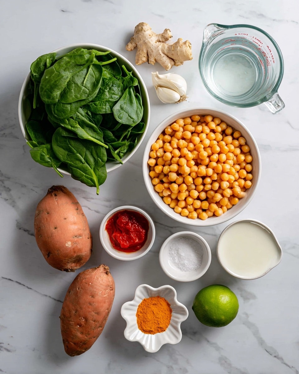 A collection of ingredients is arranged on a white marbled surface, including two medium-sized orange sweet potatoes near the bottom left. Above them is a white bowl filled with fresh, dark green spinach leaves. To the left of the spinach bowl lies a piece of light brown ginger root and three garlic cloves. Above the spinach and ginger, there is a large white bowl full of orange chickpeas. To the right, a glass measuring cup holds clear water, sitting next to a whole green lime. Below the measuring cup is a small white bowl with bright red paste, and next to it, a smaller white bowl with white salt. On the bottom right, a small white bowl has golden olive oil, and beside it, a flower-shaped white dish holds orange turmeric powder. A medium-sized white bowl with creamy white liquid is located near the left, above the ginger root. Photo taken with an iphone --ar 4:5 --v 7