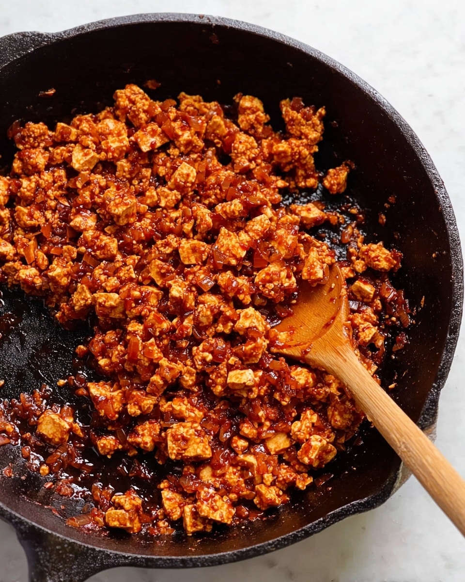 A close-up view of a black cast iron skillet filled with cooked crumbled tofu mixed with finely chopped onions, all coated in a deep reddish-brown sauce. The tofu pieces are small and unevenly shaped, textured with a slightly moist and soft look, while the onions add a slight shine and glisten. A wooden spoon rests on the skillet's edge with some of the tofu mixture scooped up. The skillet sits on a white marbled surface. photo taken with an iphone --ar 4:5 --v 7