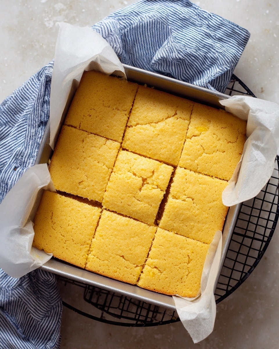 A pan of light yellow cornbread is fully baked and cut into nine square pieces, with some cracks visible on the surface. The cornbread sits on white baking parchment paper inside a square metal baking pan. The pan is placed on a black wire rack, and nearby there is a blue and white striped cloth. The background is a white marbled texture. Photo taken with an iphone --ar 4:5 --v 7