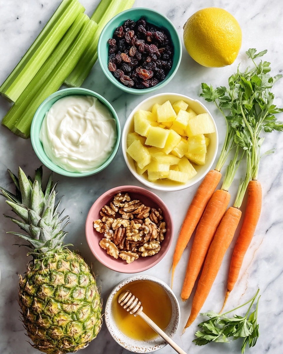 The image shows a white marbled surface with fresh ingredients arranged neatly. On the left bottom corner, there is a whole pineapple with a green and yellow textured surface. Above it, there is a bowl filled with bright green celery slices. Next to it, a small white bowl contains chunks of yellow pineapple. Above the pineapple chunks is a black bowl of creamy white yogurt with a smooth texture. To the right side, four orange carrots with green tops lie vertically. Near the center, there is a yellow whole lemon. Above the lemon, a pink bowl holds light brown walnut pieces. To the top left, a turquoise bowl is filled with dark brown raisins. Some green leafy herbs are placed on the left side, and in the bottom right corner, a speckled white bowl contains golden honey with a wooden honey dipper laid across it. photo taken with an iphone --ar 4:5 --v 7