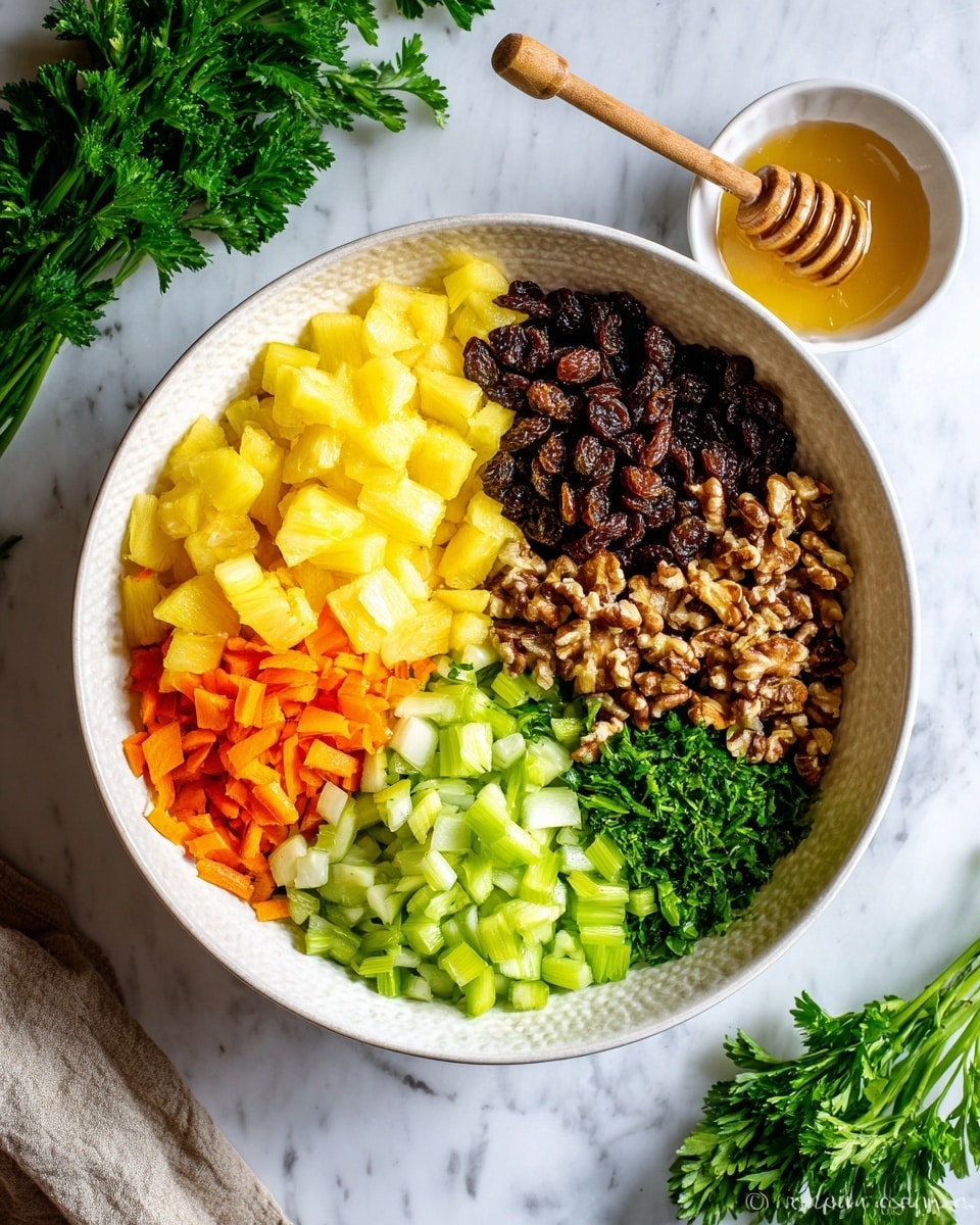 A large white bowl sits on a white marbled surface, filled with six distinct layers of ingredients arranged side by side in a circle. Starting from the top and moving clockwise, there are dark brown raisins, bright yellow pineapple chunks, pale green chopped celery, thin orange carrot shreds, light brown walnut pieces, and finely chopped dark green parsley. Near the top right of the bowl is a small white bowl with honey and a wooden honey dipper resting inside. In the background, bunches of fresh parsley add a touch of green color. Photo taken with an iphone --ar 4:5 --v 7