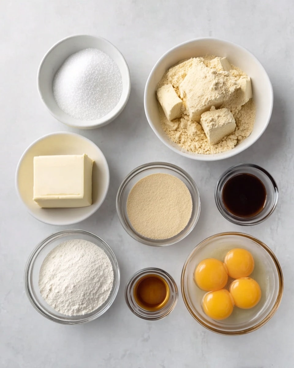 A top-down view shows seven bowls with ingredients arranged on a white marbled surface. From left to right, top row: a white bowl filled with white granulated sugar, a white bowl with a block of cream cheese, a large clear bowl with a light tan powder and some chunks. Bottom row: a small clear bowl with white powder, a medium clear bowl with a fine beige powder, a small clear bowl with dark brown liquid, and a white bowl with six raw eggs and yellow yolks sitting in clear egg whites. photo taken with an iphone --ar 4:5 --v 7
