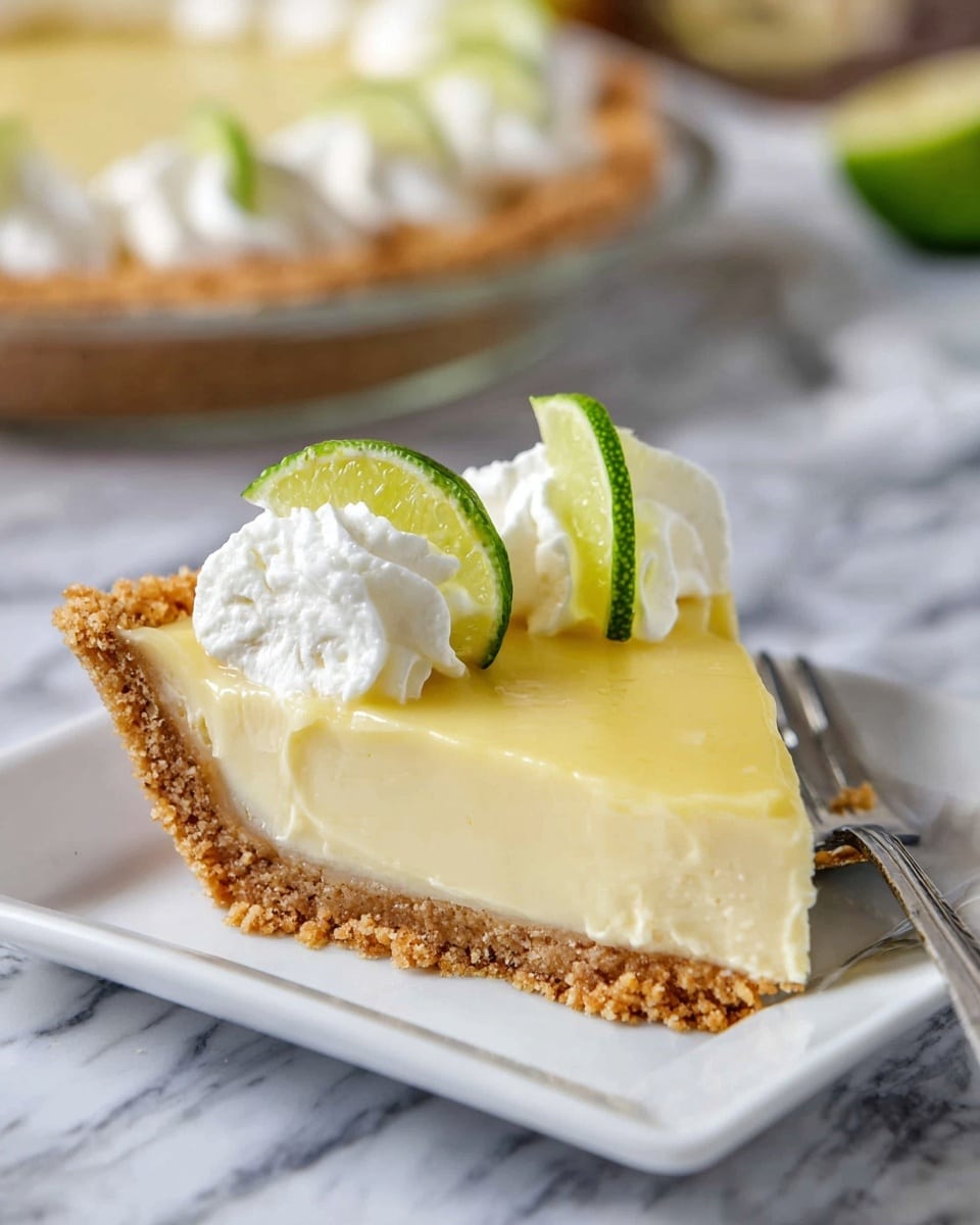 A single slice of key lime pie is placed on a white square plate with a silver fork resting beside it. The pie has three distinct layers: the bottom crumbly crust in light brown, the middle creamy pale yellow filling, and the top smooth, glossy layer of a slightly deeper yellow shade. On top of the filling, there are three dollops of white whipped cream, each topped with a thin green lime slice standing upright. The scene is set on a white marbled surface, with a blurred whole pie in the background. Photo taken with an iphone --ar 4:5 --v 7