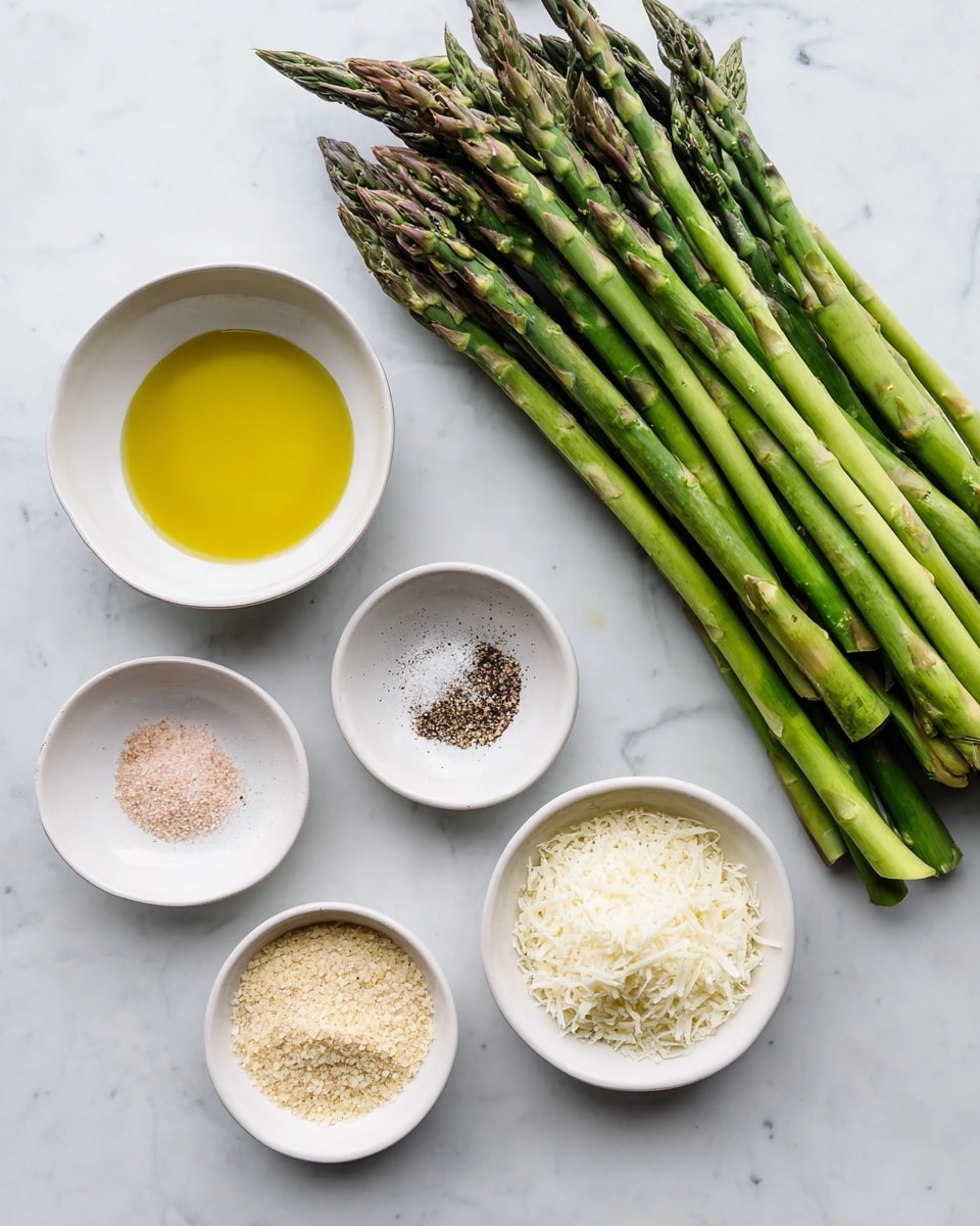 A bunch of fresh green asparagus spears lies on a white marbled surface, showing their pointed tips and smooth stems. Around the asparagus, four small white bowls hold different ingredients: one with clear golden yellow oil, one with a mix of white salt, black pepper, and light pink seasoning, another with light beige panko crumbs, and the last filled with finely grated white cheese. The arrangement is neat and bright, with a clean and fresh look. photo taken with an iphone --ar 4:5 --v 7