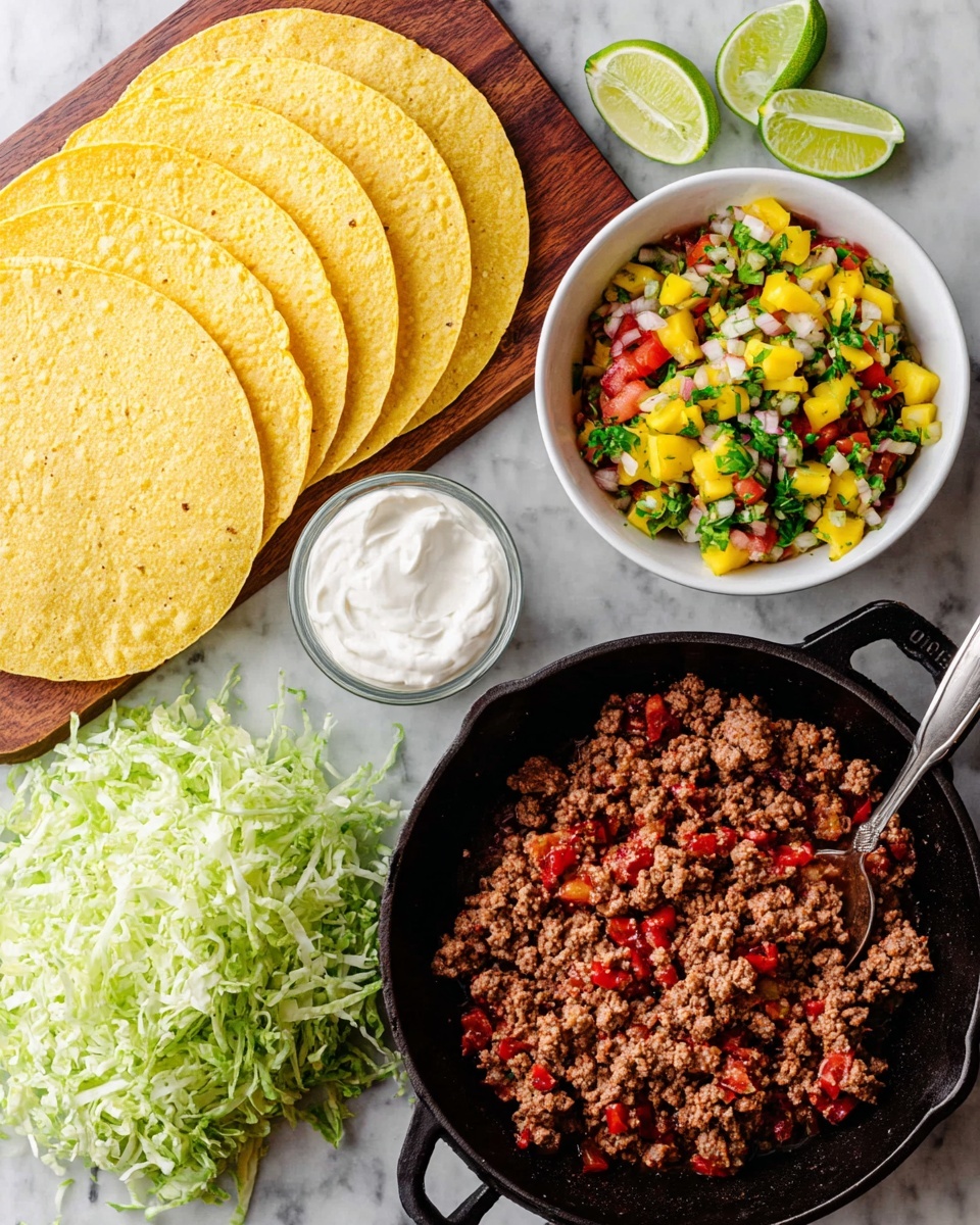 The image shows an arranged taco meal setup on a white marbled surface with six stacked yellow corn tortillas on the left, a pile of shredded light green lettuce below them, and lime wedges scattered around. In the middle, there is a small glass bowl filled with white sour cream. On the right, a white bowl contains bright yellow and green mango salsa with red onion bits, a spoon inside. At the bottom right, a black cast iron skillet is filled with cooked ground beef mixed with small red tomato pieces and spices. Photo taken with an iphone --ar 4:5 --v 7
