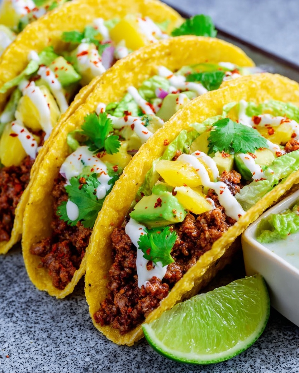 Three yellow corn taco shells filled with four layers are shown closely. The first bottom layer has cooked ground meat with small bits of red spice. The second layer shows slices of green lettuce. The third layer has chunky yellow pineapple pieces mixed with small chunks of light green avocado and bits of red onion. The top layer is a drizzle of white sauce with spots of red chili powder and a single fresh green leaf of cilantro on each taco. On the right side, there is one green lime wedge placed inside a white dish, all set on a white marbled surface. Photo taken with an iphone --ar 4:5 --v 7
