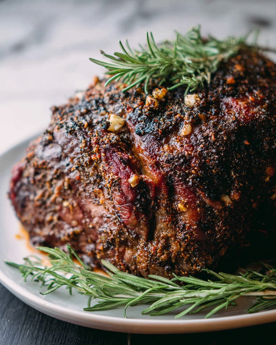 A large piece of roasted meat with a dark brown crust sits on a white plate, showing a rough and spicy outer texture with visible bits of seasoning and garlic. On top of the meat lies a green sprig of rosemary, and another sprig rests beside it on the plate. The background is a white marbled surface softly blurred, making the meat the main focus. photo taken with an iphone --ar 4:5 --v 7