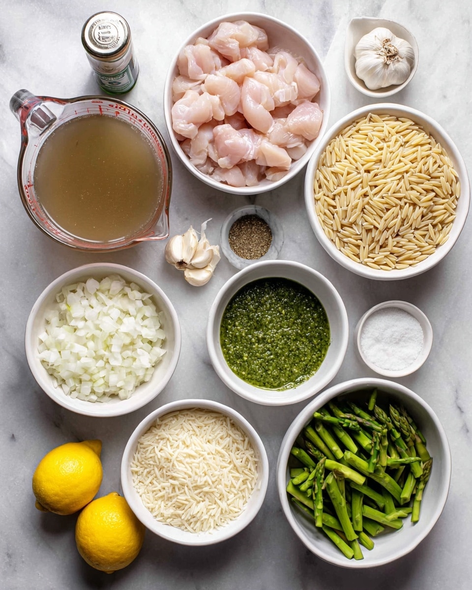 A top view of several white bowls arranged on a white marbled surface, each holding different ingredients: one bowl with raw, light pink chicken pieces, another filled with long, dry, pale orzo pasta, a bowl of chopped green asparagus, another bowl with finely chopped white onions, and one bowl containing grated pale cheese. There is a small white bowl of green pesto sauce near the center. A clear glass measuring cup with light brown broth is placed on the left side, along with a white bowl of cream, a whole yellow lemon, two garlic cloves, and a small bottle of Italian seasoning. The photo taken with an iphone --ar 4:5 --v 7