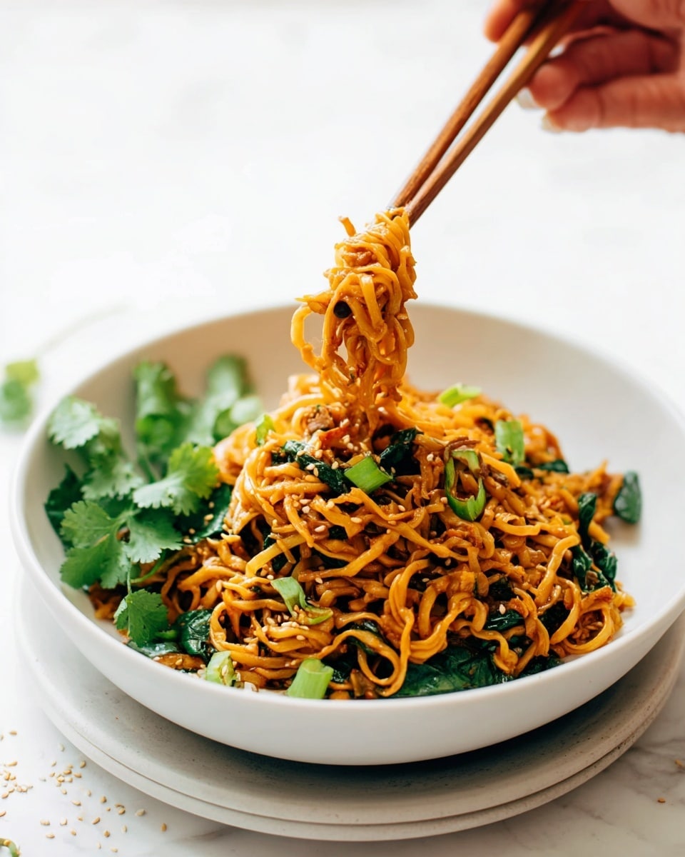 A white bowl filled with orange-brown noodles mixed with green spinach leaves and small bits of cooked meat is placed on a white plate. On the left side of the bowl, fresh green cilantro leaves add a bright contrast. A woman's hand holds wooden chopsticks, lifting a small bundle of noodles with bits of meat and green scallions from the bowl. The bowl and plate sit on a white marbled surface with a few scattered sesame seeds around. The colors of the noodles and greens stand out against the clean white dish and background, creating a fresh and inviting look. photo taken with an iphone --ar 4:5 --v 7