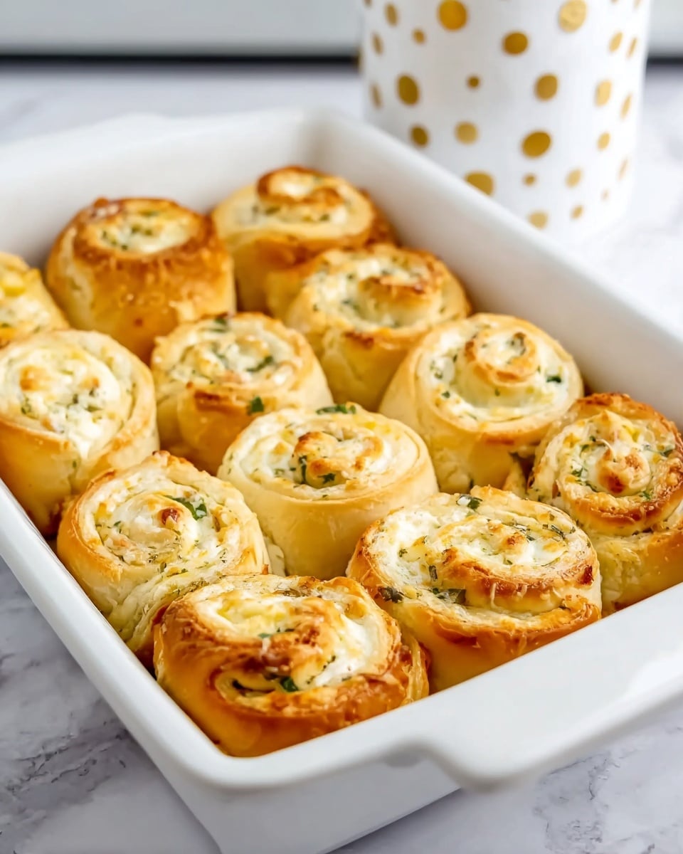 The image shows a white rectangular dish filled with twelve golden-brown pinwheel rolls. Each roll has a light, soft dough spiral with a creamy, white cheese filling mixed with small green herbs. The rolls are baked until they have a slightly crispy outer layer, while the inside remains soft and swirled with the cheese and herbs. The dish is placed on a white marbled surface, and in the background, there is a white container with small gold dots. The photo taken with an iphone --ar 4:5 --v 7