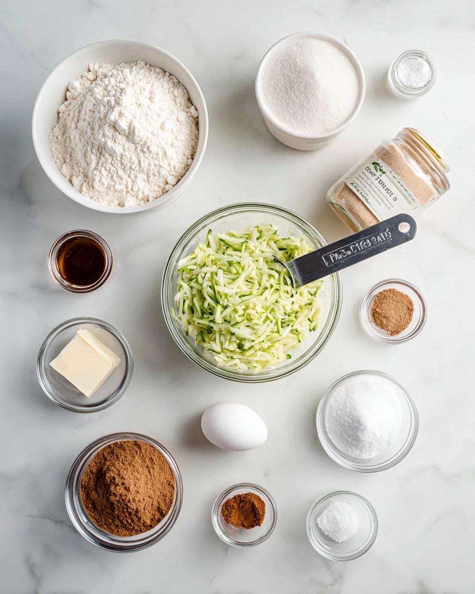 The image shows a white marbled surface with a neat arrangement of baking ingredients in clear glass bowls and a measuring cup. At the center is a metal measuring cup with shredded green zucchini. Surrounding it are a large bowl of white flour, another large bowl of white sugar, a small jar of light brown sugar, a stick of unsalted butter wrapped in a cream-colored paper, a small jar of vanilla extract, a small jar of cinnamon powder, a whole white egg, a small dish of baking powder, a small dish of baking soda, and a small dish of salt. The items are spaced evenly and shown from above, creating a clean and organized layout photo taken with an iphone --ar 4:5 --v 7