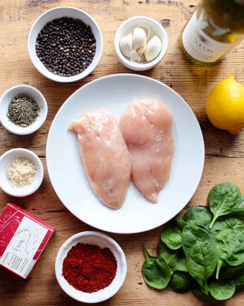 The image shows two raw chicken fillets placed flat in the center of a white plate on a wooden surface. Around the plate, there are various ingredients including a bowl filled with black peppercorns to the left, a white bowl with whole garlic cloves above, a small white plate with red spice powder to the right, and fresh spinach leaves near the bottom right. A lemon is positioned above the spinach, and a bottle of white wine behind the plate. There is also a small red and white box of cream to the left near the peppercorns. The setting is simple and organized with a rustic wooden table background replaced by a clean white marbled texture. photo taken with an iphone --ar 4:5 --v 7