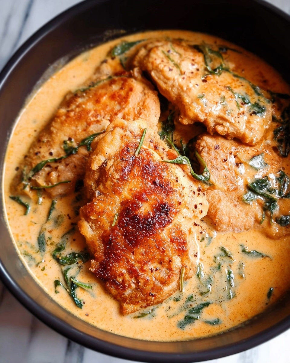 The image shows three fried chicken pieces with a golden brown color, sitting in a creamy sauce that is light orange with some green leafy bits in it. The chicken pieces have a slightly crispy texture with some darker brown spots. The sauce surrounds the chicken and looks smooth and thick. The dish is inside a black bowl on a white marbled surface. photo taken with an iphone --ar 4:5 --v 7