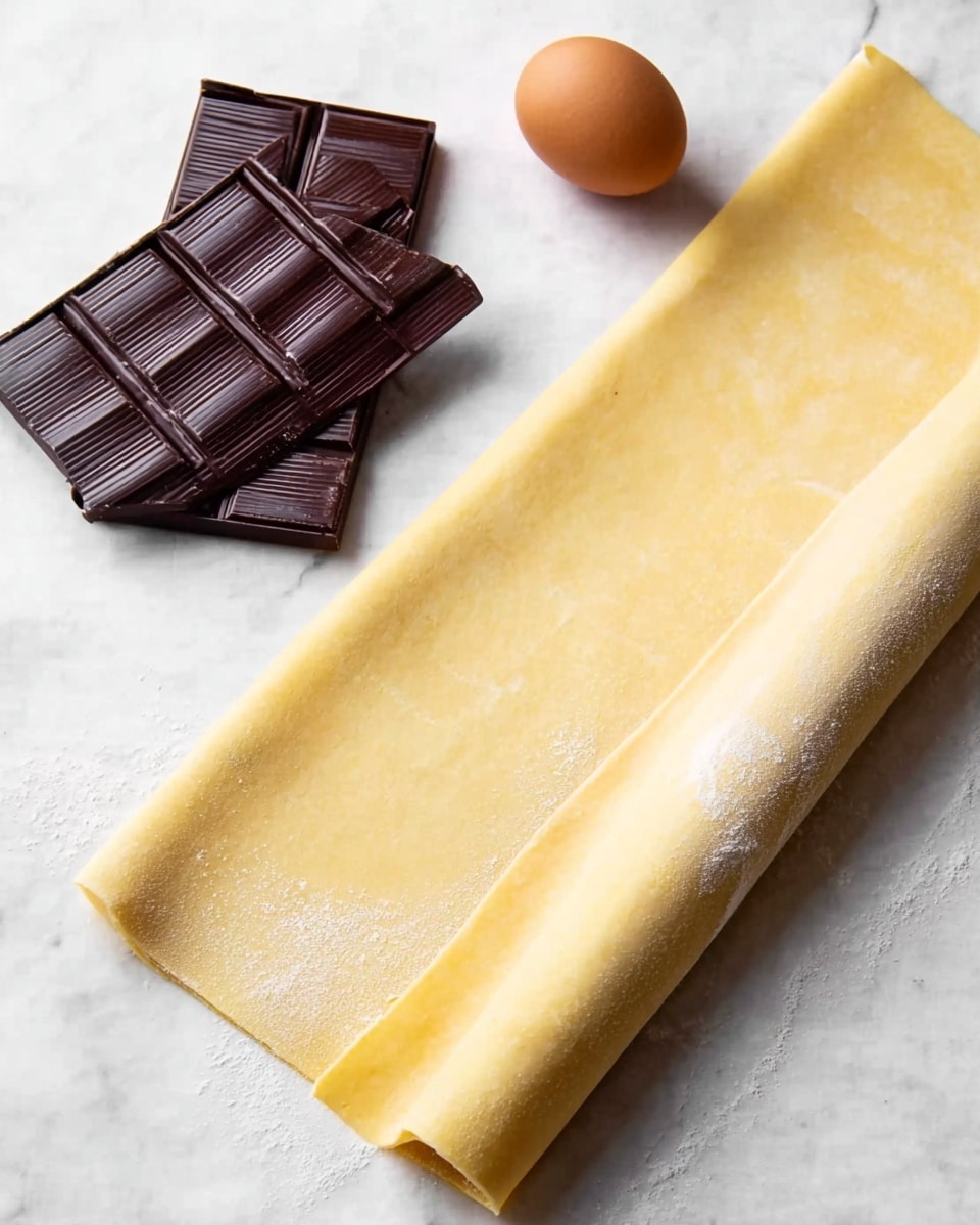 The image shows a smooth, long sheet of pale yellow pasta dough slightly rolled at one end, lying flat on a white marbled surface. To the top left of the dough, there is an unwrapped bar of dark chocolate with rectangular segments visible, and a single brown egg resting nearby. The textures show the dough's subtle dusting of flour and its soft, pliable look, contrasting with the solid, shiny surface of the chocolate bar and the matte eggshell. Photo taken with an iphone --ar 4:5 --v 7