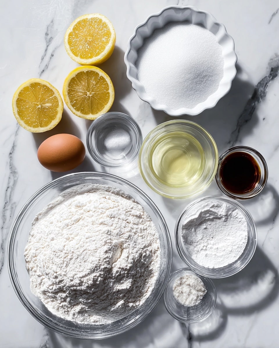 The image shows baking ingredients placed on a white marbled surface. At the center bottom is a large clear glass bowl filled with white flour. To the left of it is a single brown egg resting directly on the surface. Above the egg is a large clear glass bowl filled with white granulated sugar. To the right of the flour is a small clear glass filled with a light yellow liquid. Above that is a white scalloped bowl filled with white powdered sugar. Next to the powdered sugar is a small clear bowl holding baking powder and another white powder. Above the sugar bowl is a small clear bowl with a dark brown liquid, likely vanilla. The top left corner features two lemon halves showing their yellow flesh. All items are arranged neatly with bright natural light and soft shadows, photo taken with an iphone --ar 4:5 --v 7