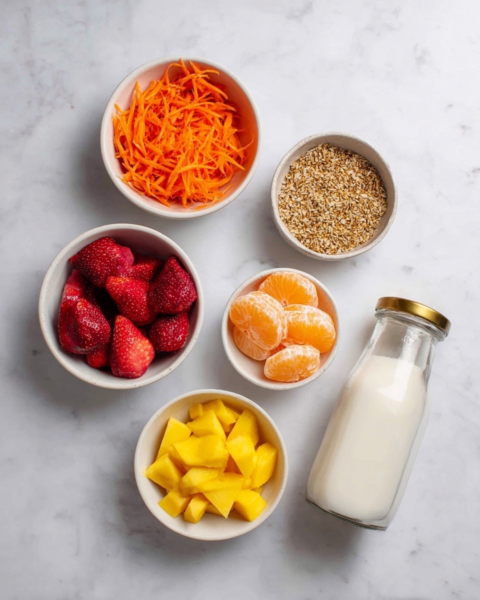The image shows five small white bowls and one glass bottle arranged on a white marbled surface. The top left bowl holds bright orange shredded carrots with a soft, moist texture. To its right, a smaller bowl contains small, tan flax seeds with a smooth and slightly shiny surface. Next to the flax seeds is another small bowl filled with peeled, segmented orange citrus fruit showing a juicy, slightly translucent texture. Below, on the left side, a white bowl is filled with halved strawberries in deep red and light pink shades, showing a fresh and juicy look. The bottom right bowl holds yellow mango chunks with a soft but firm texture. In the center right is a clear glass bottle with a golden lid, filled with a creamy white liquid, resting on its side. Photo taken with an iphone --ar 4:5 --v 7