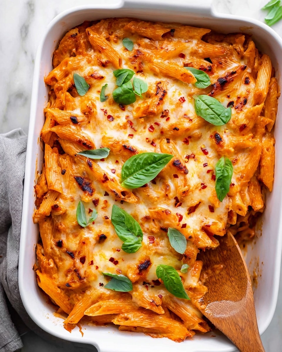 A white rectangular baking dish filled with baked penne pasta covered in melted cheese on top. The pasta is coated in a bright orange-red tomato sauce, with a layer of slightly browned, bubbly white melted cheese scattered unevenly across the top. The pasta pieces are plentiful and layered, with some sticking out from the cheesy layer. A black-handled spoon is inserted into the pasta on the right side, lifting some of the pasta. Fresh green basil leaves lie beside the dish on the white marbled surface. Photo taken with an iphone --ar 4:5 --v 7