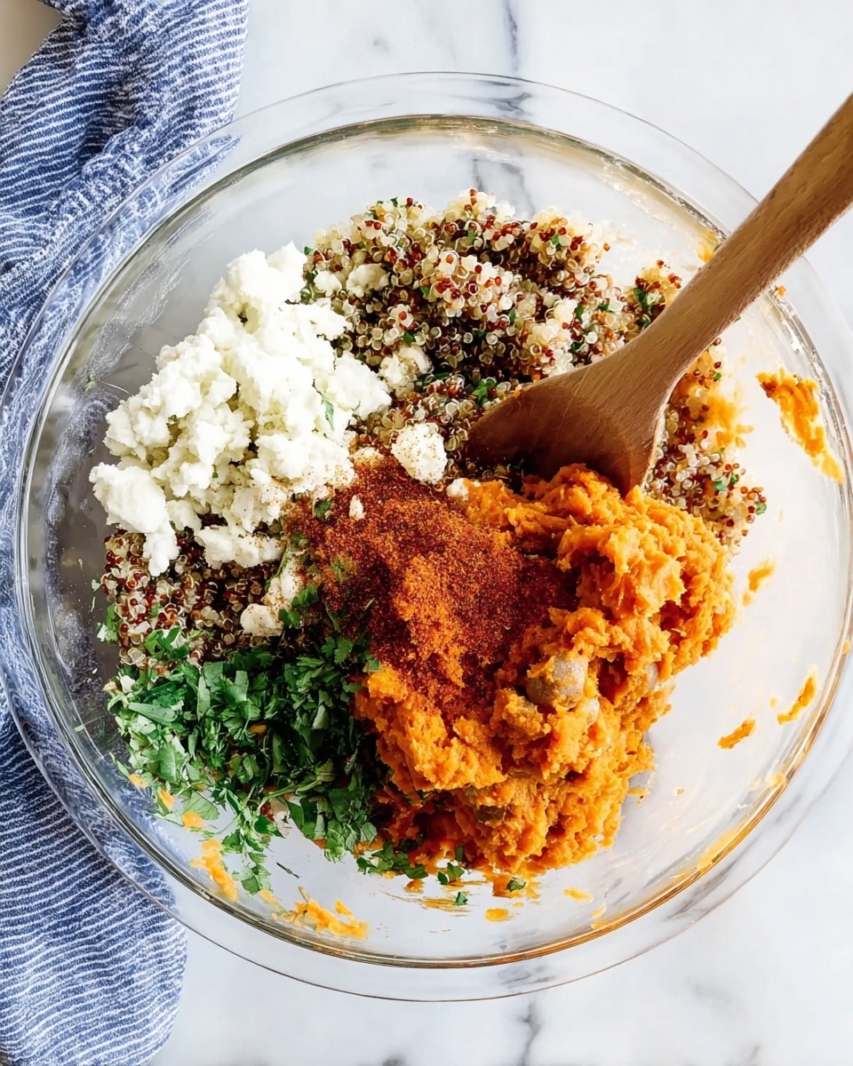 A clear glass bowl holds five different ingredients side by side before mixing: bright orange mashed squash or sweet potato at the bottom forming the largest part, white crumbly cheese on the top left, cooked quinoa with brown and white grains on the top right, fresh chopped green herbs next to the cheese, and a pile of fine red spice powder sprinkled over the squash mixture in the center. A wooden spoon is resting inside the bowl on the right side, partially covered by the ingredients. The bowl is placed on a white marbled surface, with a blue and white striped cloth on the bottom left corner. Photo taken with an iphone --ar 4:5 --v 7