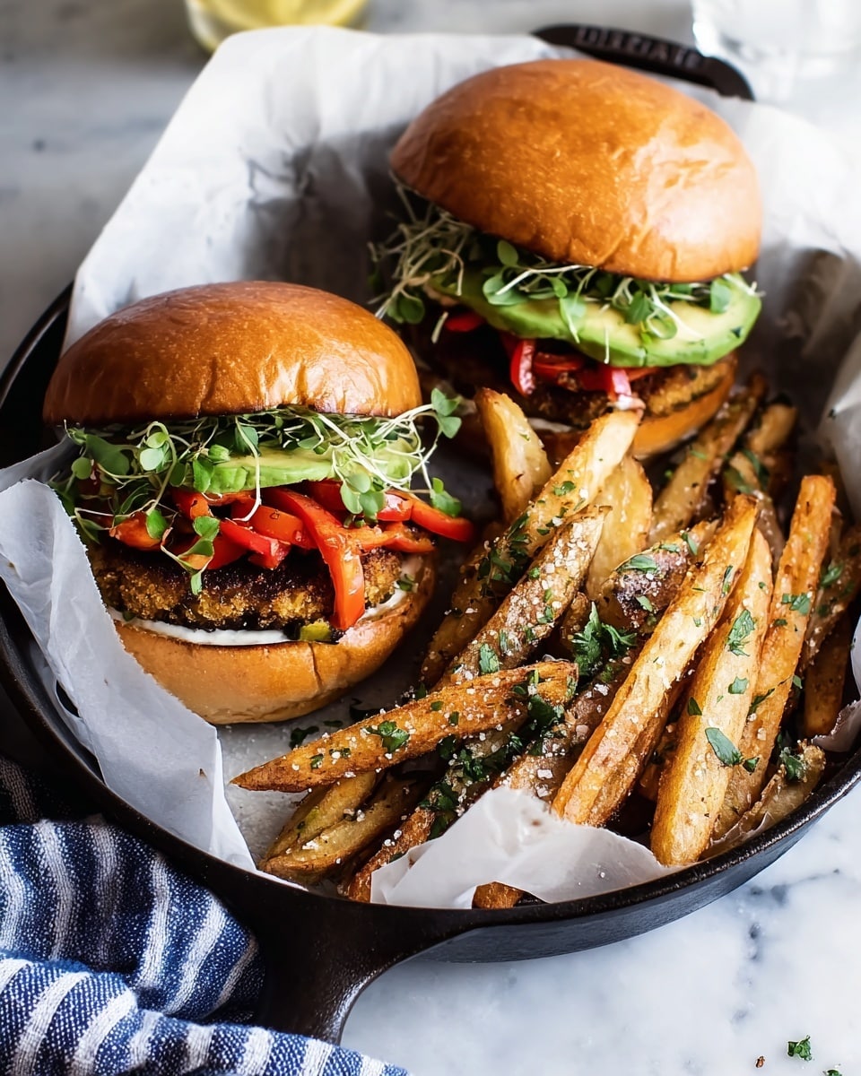 A black cast iron pan lined with white parchment paper holds two burgers and a pile of fries. Each burger has a shiny golden brown bun on top, with layers of green sprouts, sliced avocado, and red bell pepper pieces above a crispy brown patty, and a bit of white sauce on the bottom bun. The fries are golden with a mix of light and darker brown skins, sprinkled with green chopped herbs and coarse salt. The pan sits on a white marbled surface with a blue and white striped cloth nearby. photo taken with an iphone --ar 4:5 --v 7