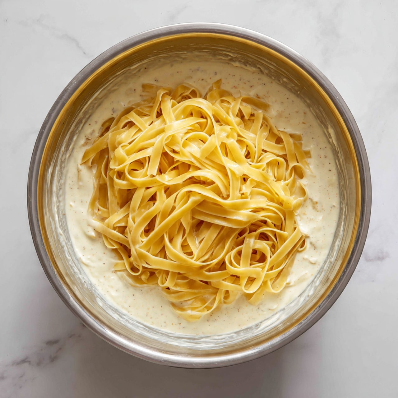 The image shows a close-up of a metal mixing bowl containing two main layers: a bottom layer of creamy white sauce with a smooth and slightly thick texture, and a top layer of yellowish-orange uncooked fettuccine pasta strands arranged loosely in a heap on the sauce. The creamy sauce fills the bottom part of the bowl and is visible around the edges of the pasta, which covers most of the top surface with long flat ribbons gently curving and overlapping each other. The photo is taken on a white marbled surface. Photo taken with an iphone --ar 4:5 --v 7