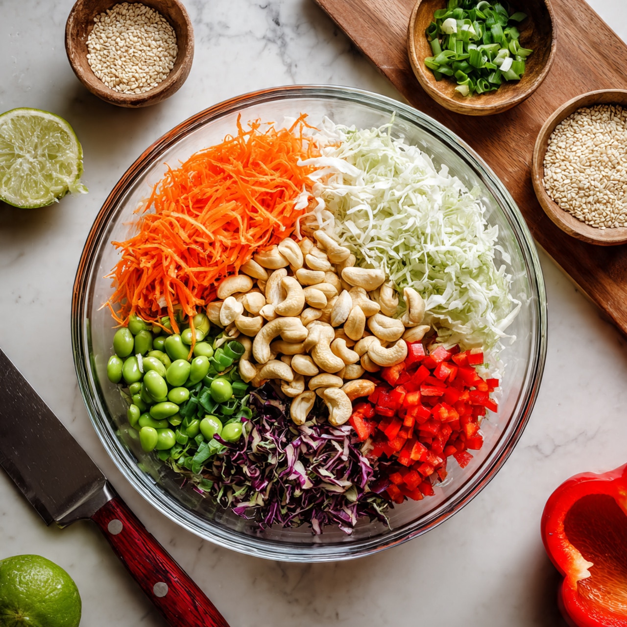 A clear glass bowl shows seven layers of fresh ingredients arranged side by side in neat sections: bright orange shredded carrots, vibrant green chopped green onions, white shredded cabbage, red diced bell peppers, fresh green edamame beans, dark purple shredded cabbage, and a pile of whole light tan cashew nuts in the center. Around the bowl, on a pale surface, there is a wooden bowl of sesame seeds, small bowls holding chopped green onions and cashews, half a lime, a red bell pepper on a wooden board, and a knife with a red handle. The background is a white marbled texture. photo taken with an iphone --ar 4:5 --v 7