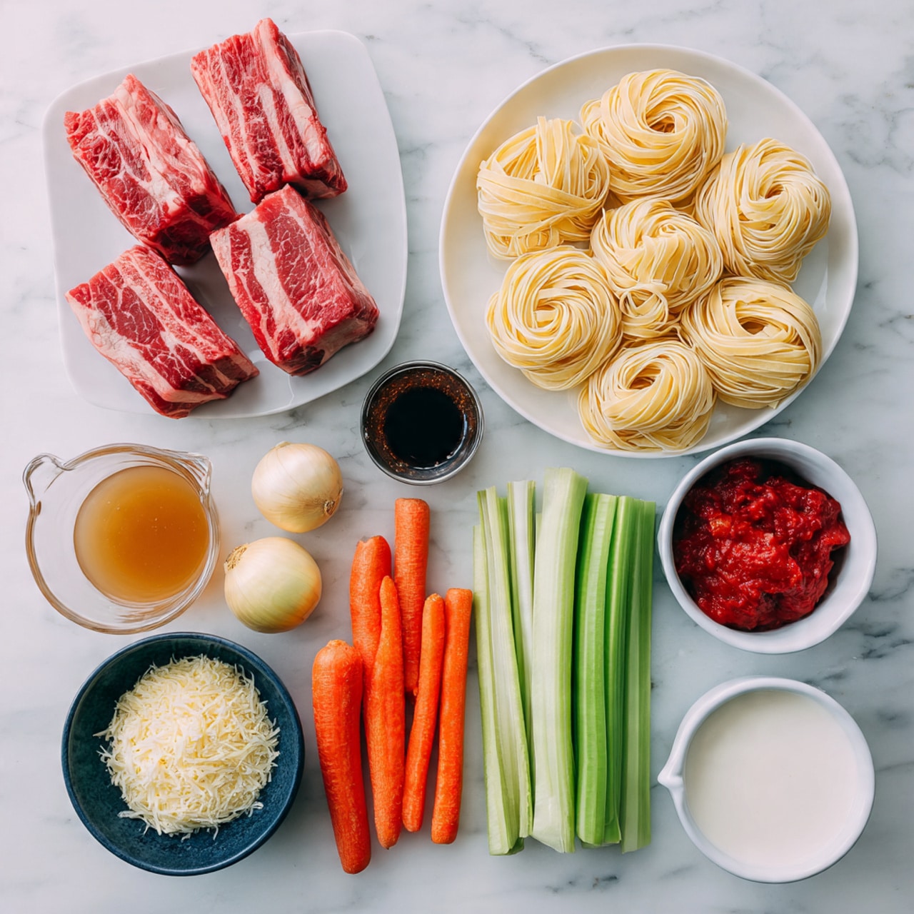The image shows several fresh restaurant-quality ingredients arranged neatly on a white marbled surface. There are three raw beef short ribs with bright red marbled texture on a white plate on the left side. Above it, a white plate holds four twisted nests of pale yellow fresh pasta. A small white bowl above the ribs contains a dark red tomato paste. To the right, a clear glass measuring cup filled with golden brown broth sits next to a yellow onion and two peeled garlic cloves. Below are two long bright orange carrots and three bright green celery stalks lined up in a row. A small dark blue bowl filled with finely grated pale yellow cheese is positioned near a small glass container holding dark soy sauce. A white measuring glass with cream or milk adds to the mix, alongside a white bowl of red crushed tomatoes with visible texture. All items create a colorful and fresh layout, photo taken with an iphone --ar 4:5 --v 7