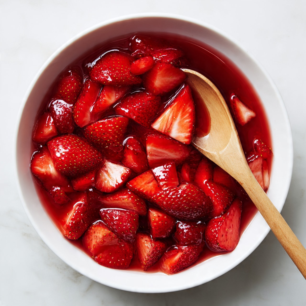 A white bowl filled with many bright red strawberry pieces, some sliced and some halved, all soaking in a red syrup liquid that covers the fruit. A light-colored wooden spoon rests inside the bowl on the right side, partially submerged in the syrup, showing the juice reflecting light. The strawberries have shiny surfaces with visible seeds and soft texture, sitting against a white marbled texture background. Photo taken with an iphone --ar 4:5 --v 7