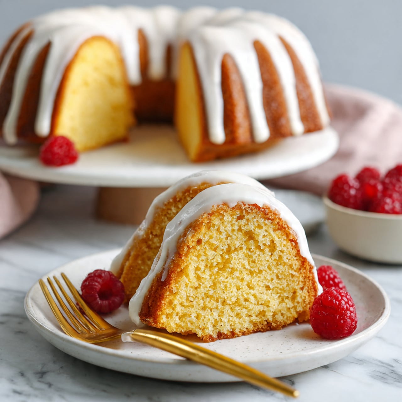 A golden Bundt pan sits on a white marbled surface, with smooth, pale yellow cake batter being poured from a white bowl into the pan. The batter flows thick and creamy, filling the ridged sections and the central tube of the pan. Next to the pan, there is a small pastry brush with light brown bristles and a wooden handle resting on the marble surface. The lighting is soft, highlighting the glossy texture of the batter and the metallic shine of the pan. photo taken with an iphone --ar 4:5 --v 7