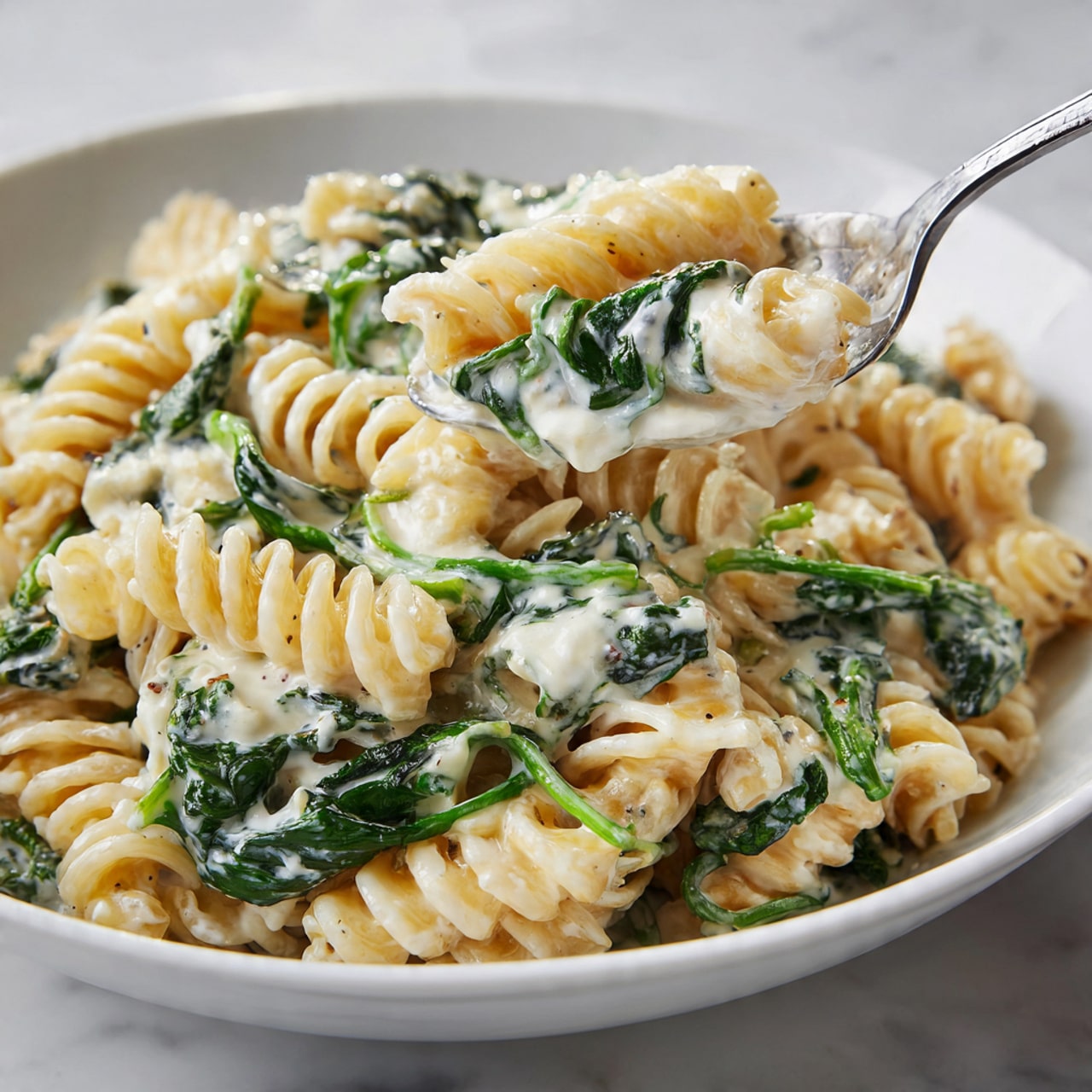 The image shows a close-up of a white bowl filled with fusilli pasta coated in a creamy white sauce. Mixed throughout the pasta are vibrant green spinach leaves that add color and texture. The pasta spirals are evenly covered with the smooth sauce, creating a glossy appearance. A white spoon is partially scooping a portion of the pasta from the bowl, showing the thick cream mixture clinging to the pasta and leaves. The background is a white marbled texture, and the edges of the bowl are visible, framing the dish nicely. Photo taken with an iphone --ar 4:5 --v 7