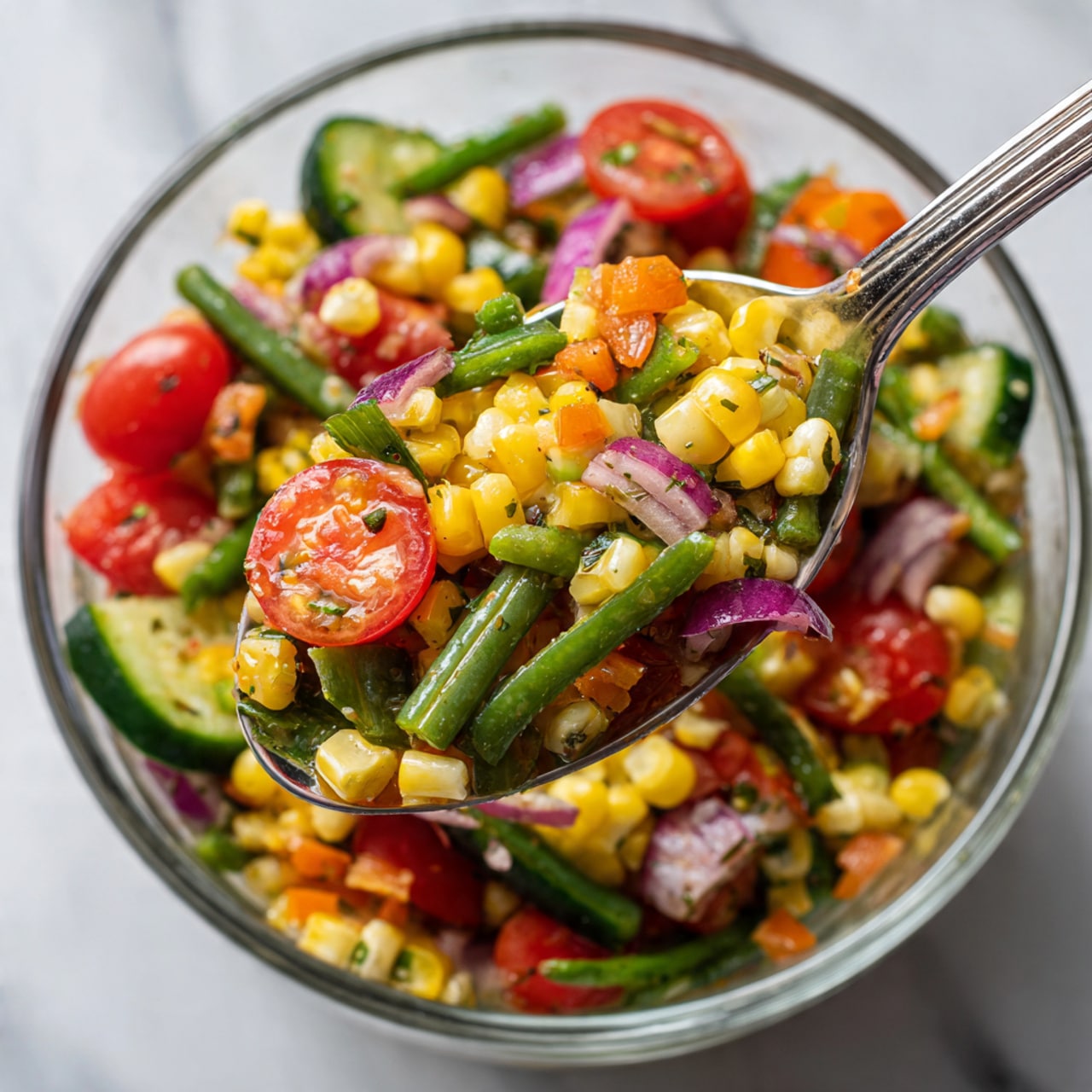 The image shows a clear glass bowl filled with a colorful vegetable salad. The salad has many layers of yellow corn kernels, bright red cherry tomatoes, green sliced cucumber pieces, chopped orange bell pepper chunks, green beans cut into pieces, and small pieces of purple onion. The vegetables look fresh and mixed well, with some herbs sprinkled on top. A silver spoon holds a mix of the salad close to the camera, showing the same bright colors and textures of the vegetables. The bowl sits on a white marbled surface. Photo taken with an iphone --ar 4:5 --v 7