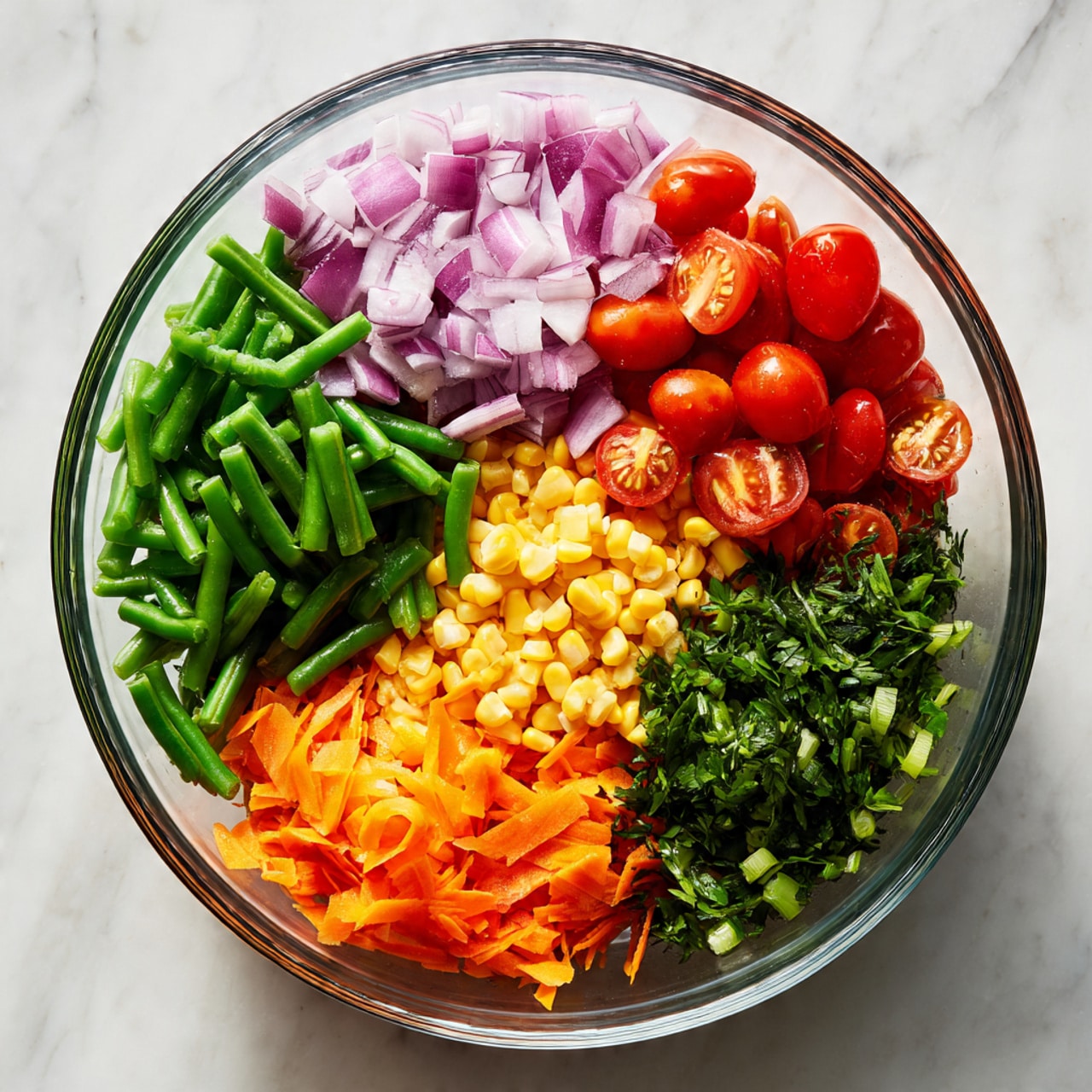 A clear glass bowl holds six different vegetables separated into sections, sitting on a white marbled surface. The layers include bright green chopped green beans on the left, finely diced red onions with a pale purple color near the center, shiny red halved cherry tomatoes next to the onions, small yellow corn kernels below the tomatoes, chopped orange carrots on the upper right, and finely chopped dark green herbs with some lighter green slices to the bottom right. The vegetables are fresh and vibrant, arranged neatly inside the bowl. Photo taken with an iphone --ar 4:5 --v 7