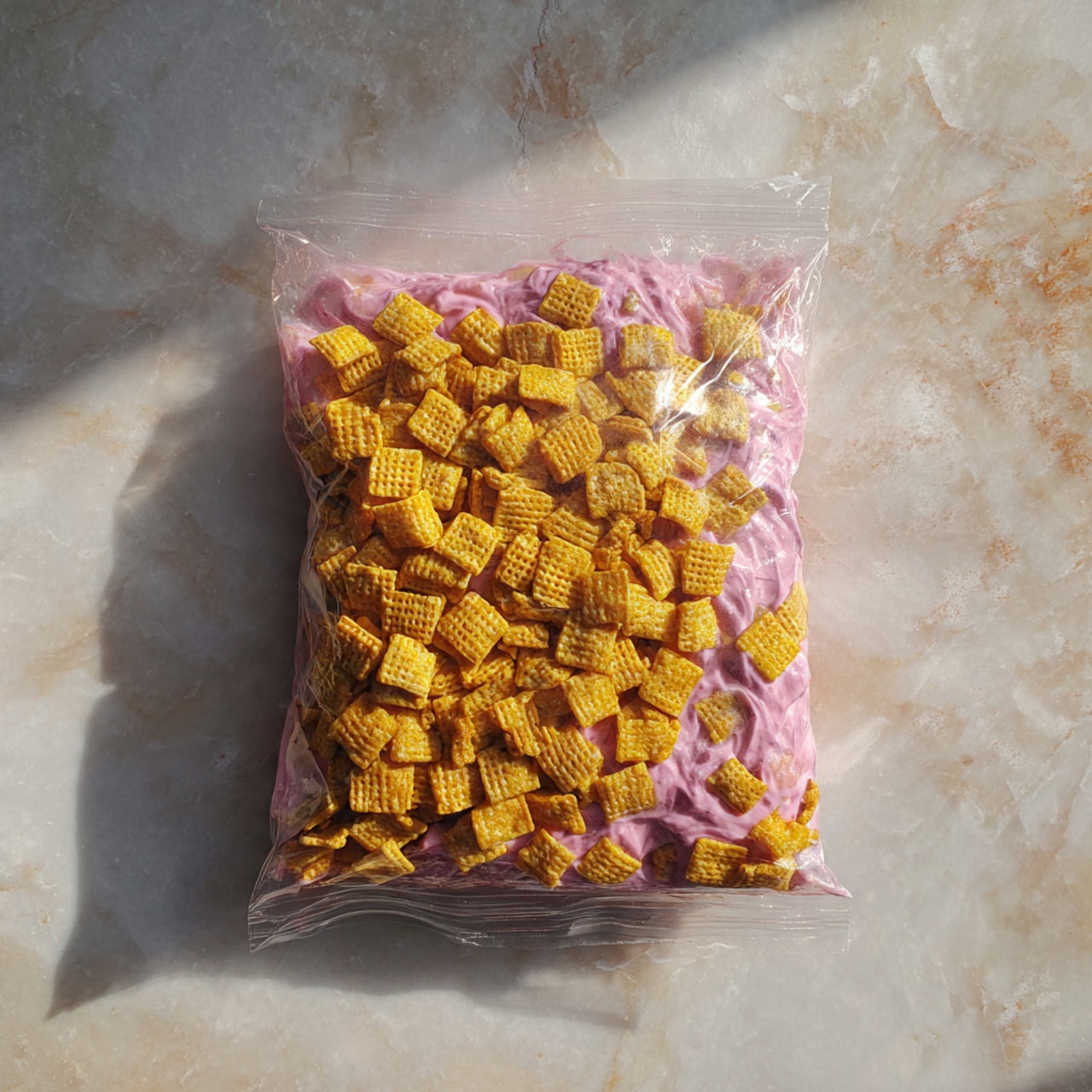 A clear plastic bag filled halfway with square yellow cereal pieces that have a grid texture, topped with a smooth, thick pink mixture that spreads unevenly over the cereal inside the bag, all set on a white marbled surface. photo taken with an iphone --ar 4:5 --v 7