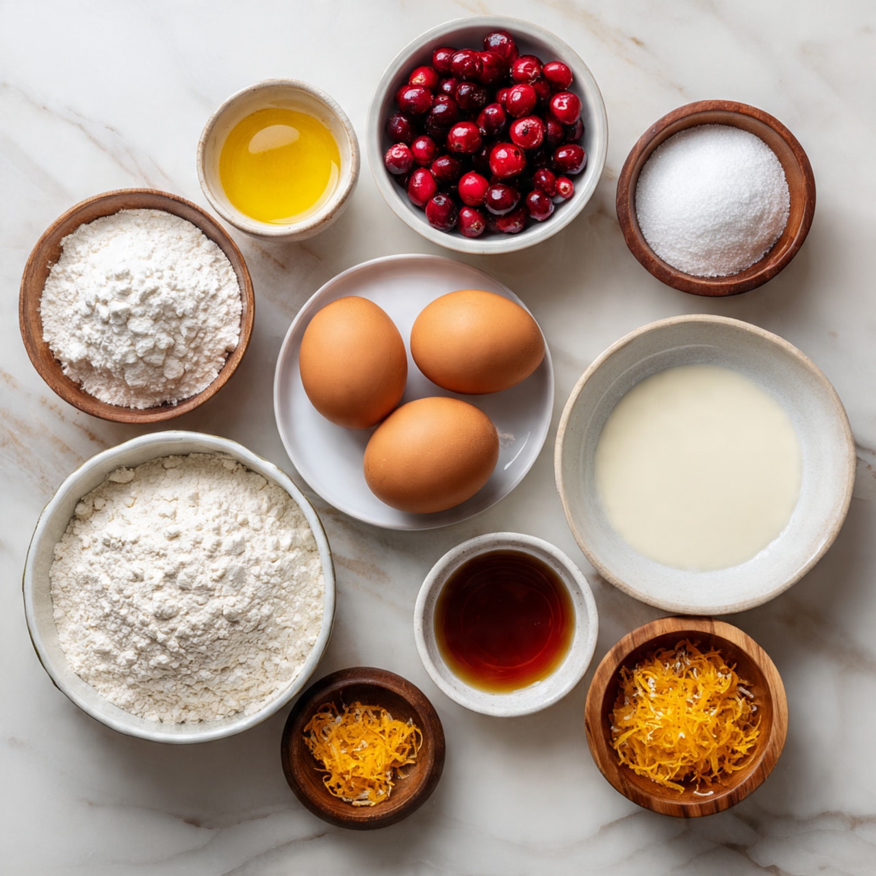 The image shows a white marbled surface with twelve small bowls and plates of ingredients arranged neatly. At the center bottom, there is a white bowl filled with white flour with a powdery texture. Above it, slightly to the right, is a white bowl of halved red cranberries with juicy insides and smooth skins. To the right of the cranberries, there is a wooden bowl filled with white granulated sugar. Below it, on a white plate are two brown eggs next to a small white bowl with a dark amber liquid, likely vanilla extract. To the left of the eggs, there is a white bowl filled with a creamy white liquid. Below that, there is a small white bowl with golden yellow honey and next to it a small white bowl with orange zest. On the far left, a wooden bowl contains a white powder, possibly powdered sugar, and above that, a small white bowl with bright orange zest. A small white bowl with bright golden liquid, possibly melted butter, sits to the left. Below the butter, there are two small wooden bowls, one with fine salt and the other with white baking powder. The bowl colors remain white or wood, arranged cleanly in three rows on the white marbled surface. photo taken with an iphone --ar 4:5 --v 7