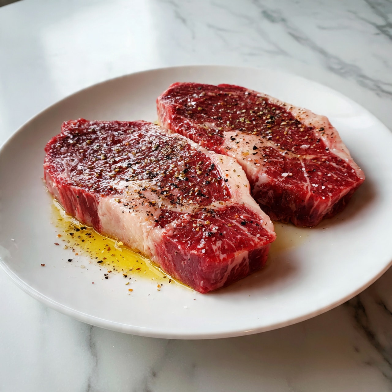 Two raw slices of marbled red meat with white fat veins are placed on a white plate with some oil and black pepper sprinkled on top. The meat has a shiny, moist texture with visible seasoning spread unevenly, and the plate rests on a white marbled surface. Photo taken with an iphone --ar 4:5 --v 7
