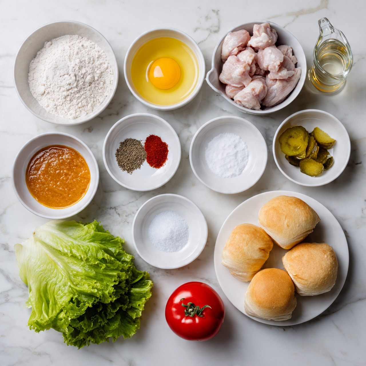 The image shows various ingredients neatly arranged on a white marbled surface. There are ten white bowls and plates holding different items: one with flour, one with an orange sauce, one with raw chicken pieces, one with powdered sugar, one with an egg, one with butter, one with pickles, one with a mix of spices including black pepper and paprika, and one empty white plate with a small pile of salt. Next to these bowls are fresh vegetables including a whole red tomato and a bunch of green lettuce. On the right side, there are three golden brown round bread rolls, and on the left side is a bottle of vegetable oil and a glass measuring cup with a white liquid inside. The items are spaced evenly and positioned symmetrically, creating a clean and organized look. photo taken with an iphone --ar 4:5 --v 7