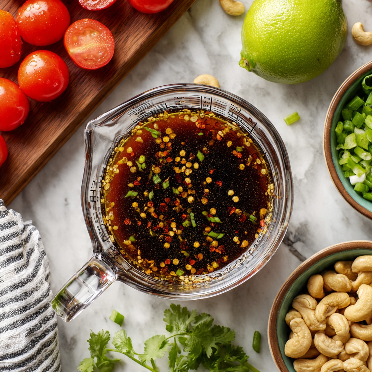 A clear glass measuring cup in the center is filled with a dark greenish-brown liquid mixed with small black and yellow pepper flakes, sitting on a light beige surface. Around the cup, there are bright red tomatoes on a wooden chopping board at the top, a half lime with light green flesh on the right, a small white bowl filled with chopped green onions on the bottom right, and a green bowl full of whole cashews below the measuring cup. Some chopped green onion pieces and a sprig of cilantro are visible near the tomatoes. A striped white and black cloth peeks in at the bottom left corner. The background is a white marbled texture photo taken with an iphone --ar 4:5 --v 7