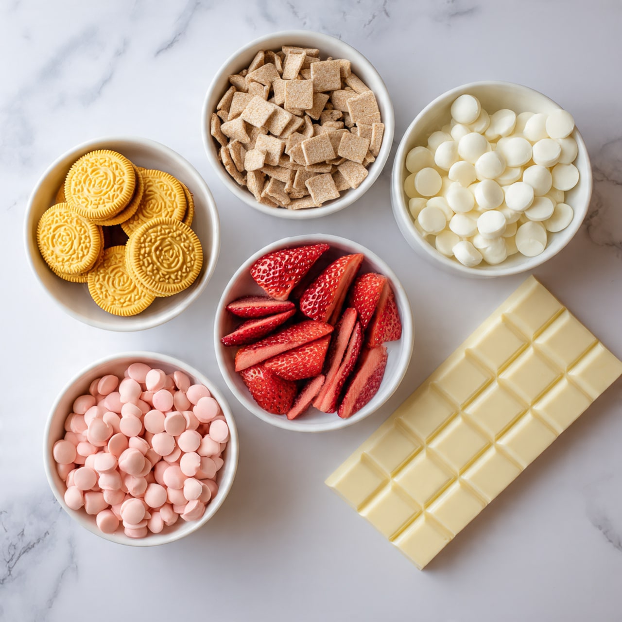 The image shows a white marbled surface holding several white bowls and a white chocolate bar. There are six Oreo cookies with a golden yellow color on the bottom left. A white bowl next to them is filled with small, light brown square cereal pieces. Above that is a bowl with small white chocolate chips. To the right is another bowl filled with round pink candy melts. Above the candy melts is a bowl of bright red sliced dried strawberries, and next to it is a bowl of white powdered sugar. On the right side of the image is a white chocolate bar with a creamy color and divided squares. photo taken with an iphone --ar 4:5 --v 7